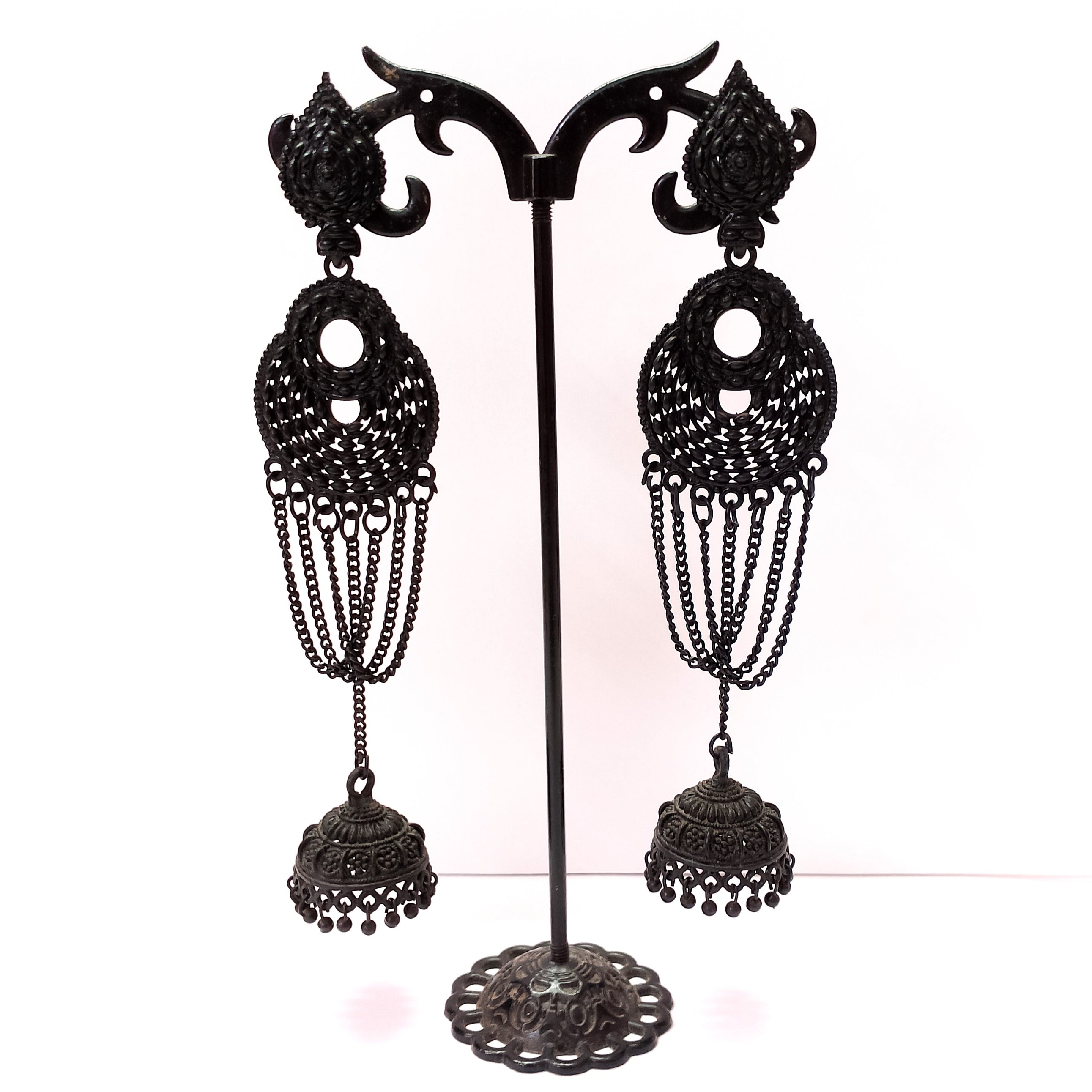 Long Black Light Metal Designer Jhumka Earrings