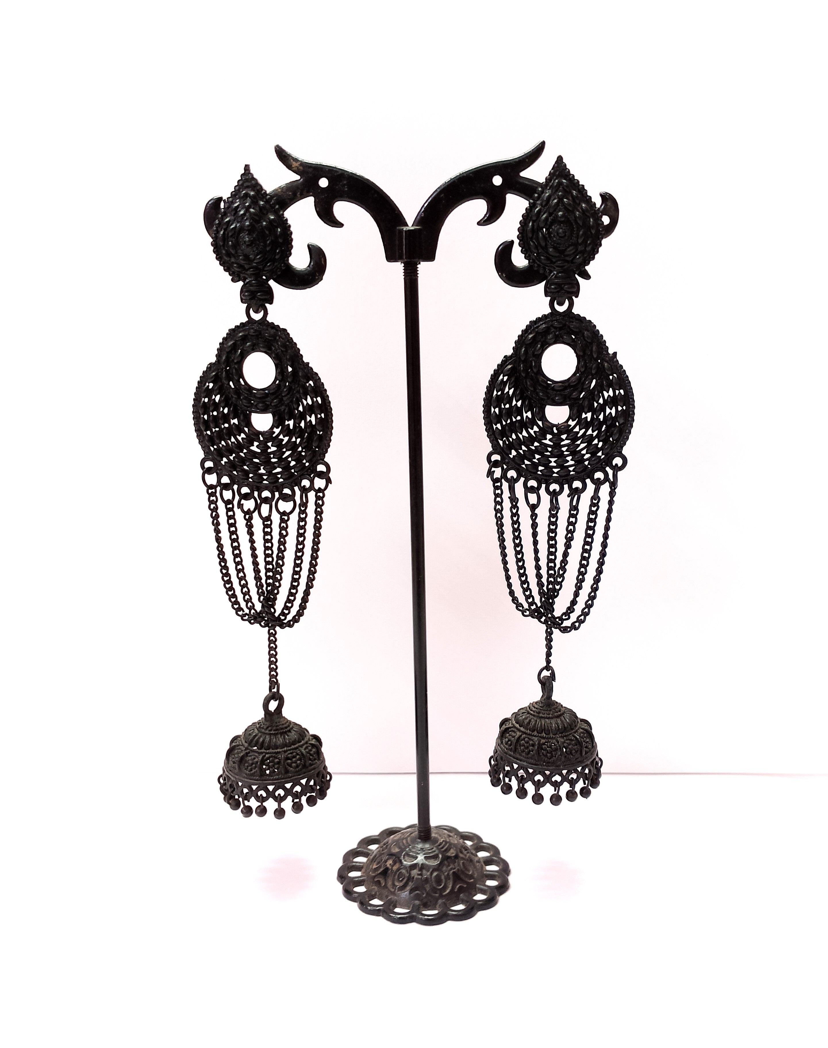 Long Black Light Metal Designer Jhumka Earrings