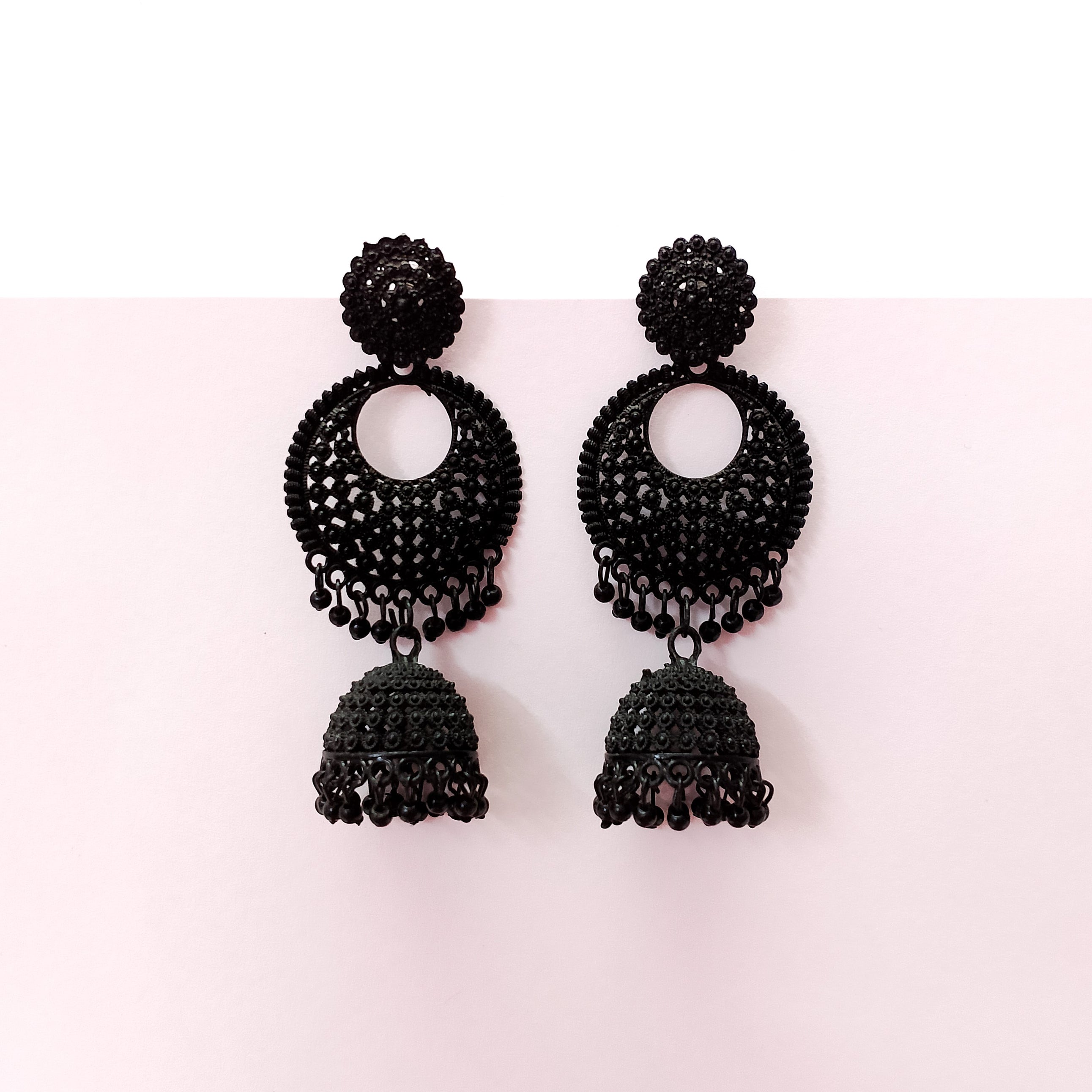 Black Metal Chand Bali Style Jhuma Earrings