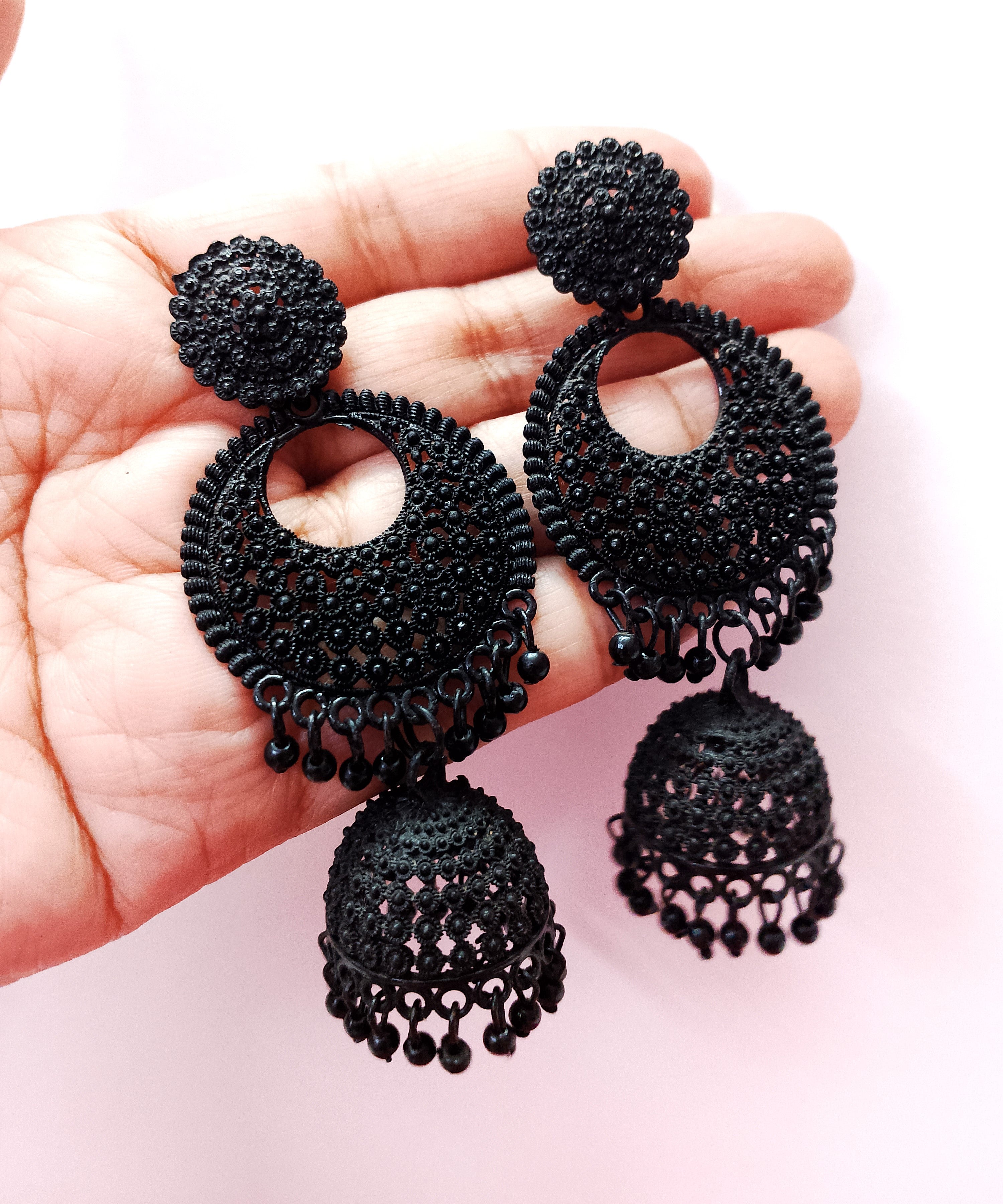Black Jhumka Earrings for Women – Traditional Stud Danglers
