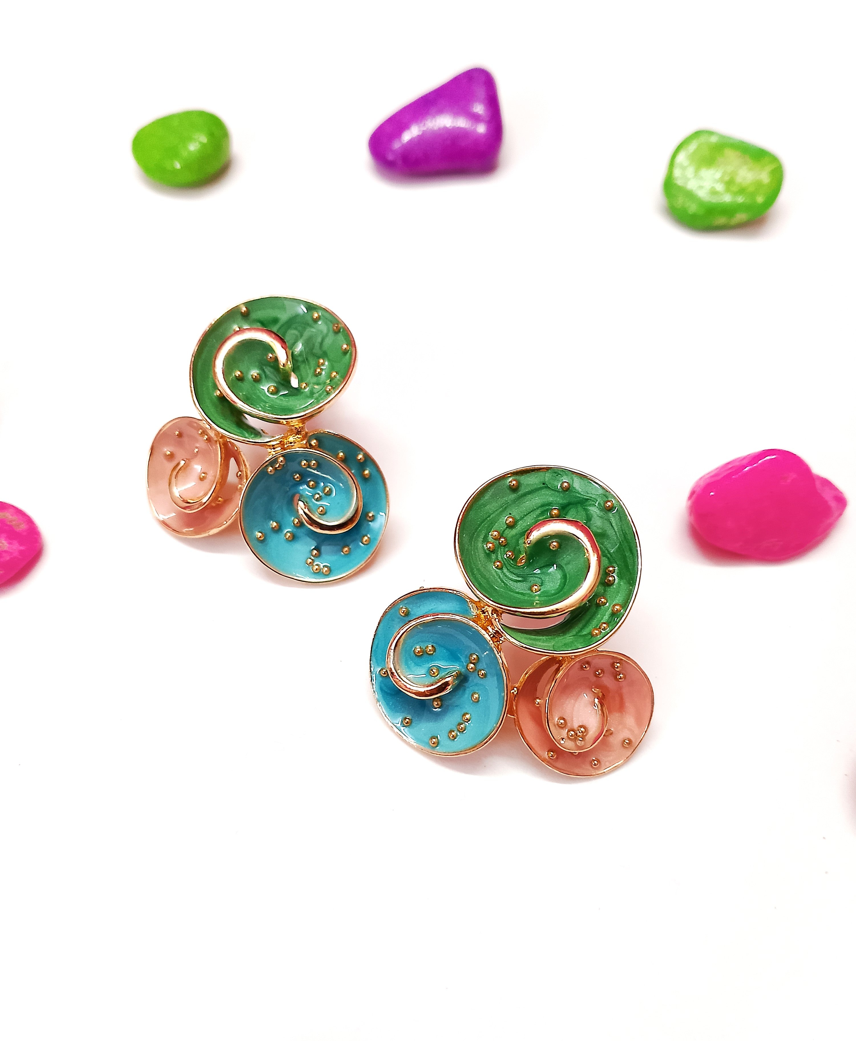 Colorful Swirl Stud Earrings for Women – Trendy Green, Blue & Pink Enamel Jewelry