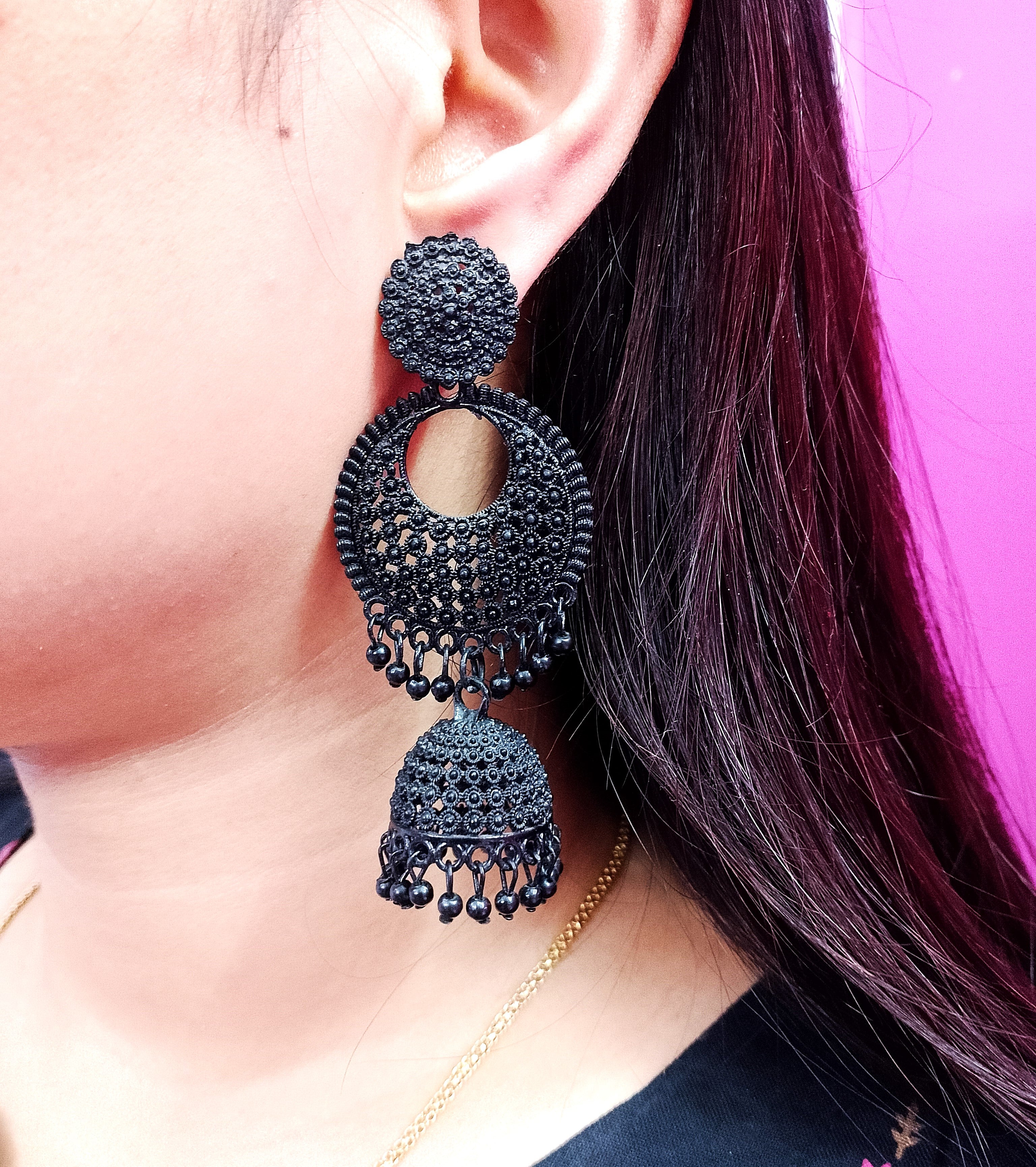 Black Jhumka Earrings for Women – Traditional Stud Danglers