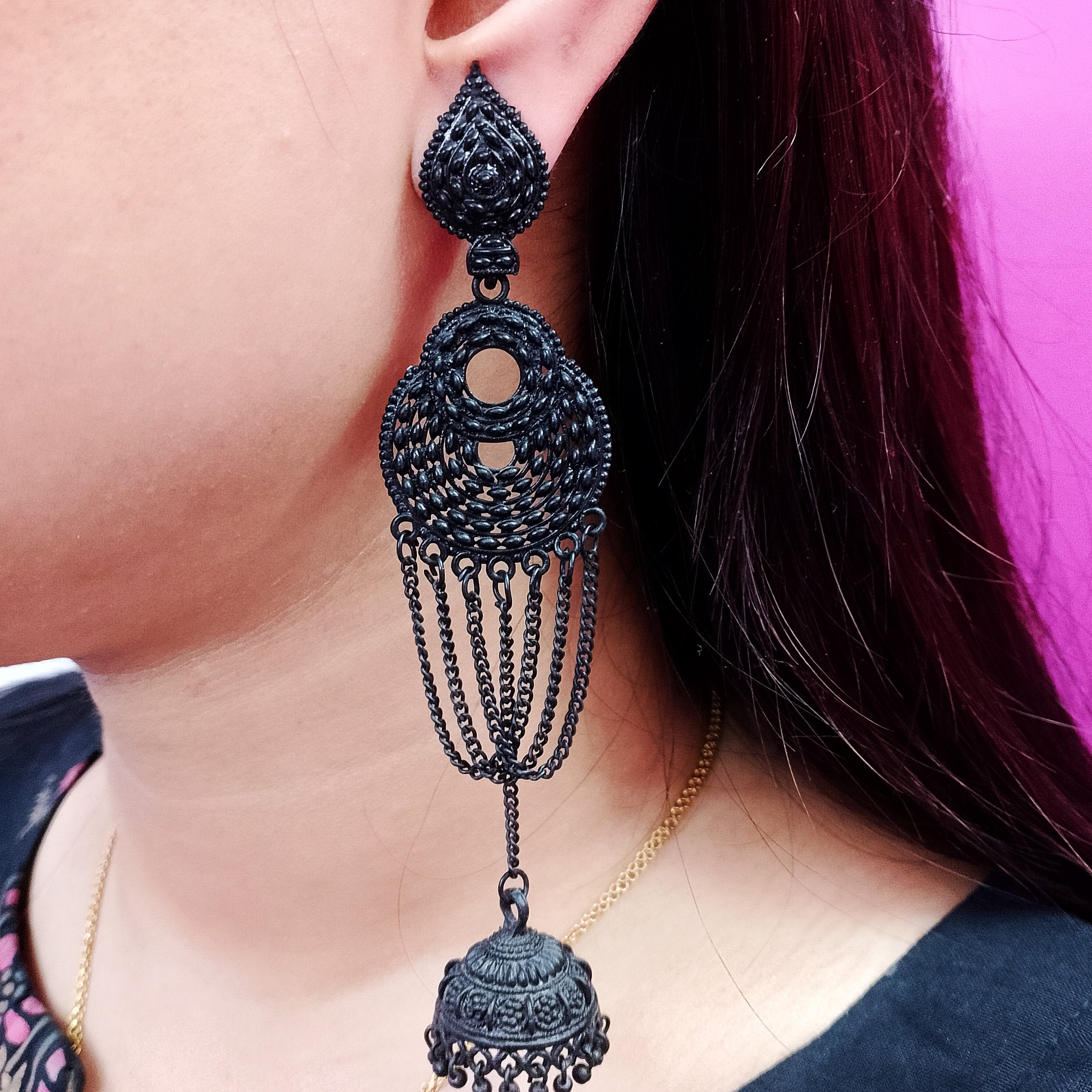 Long Black Chain Jhumka Earrings – Trendy Danglers for Women
