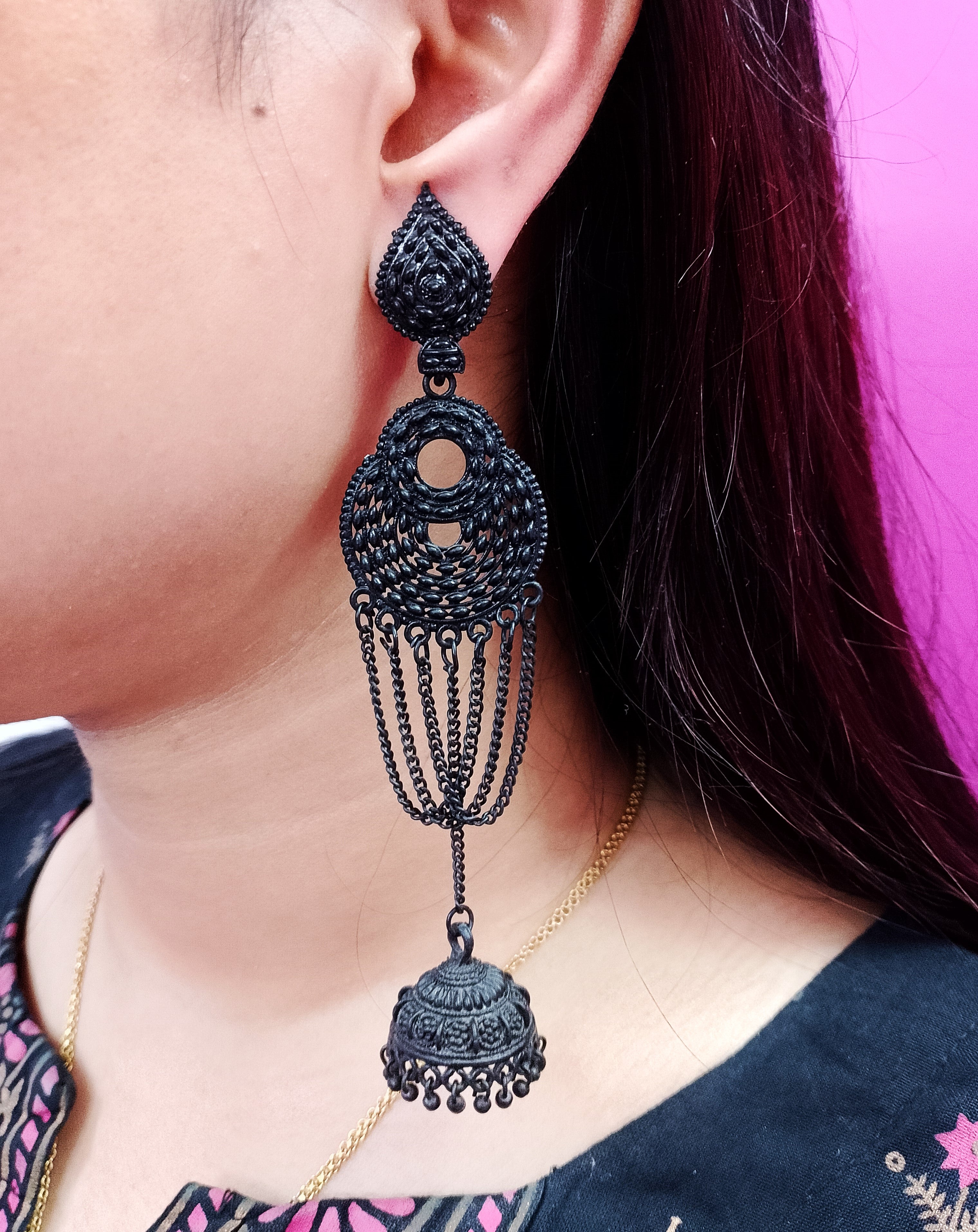 Long Black Chain Jhumka Earrings – Trendy Danglers for Women