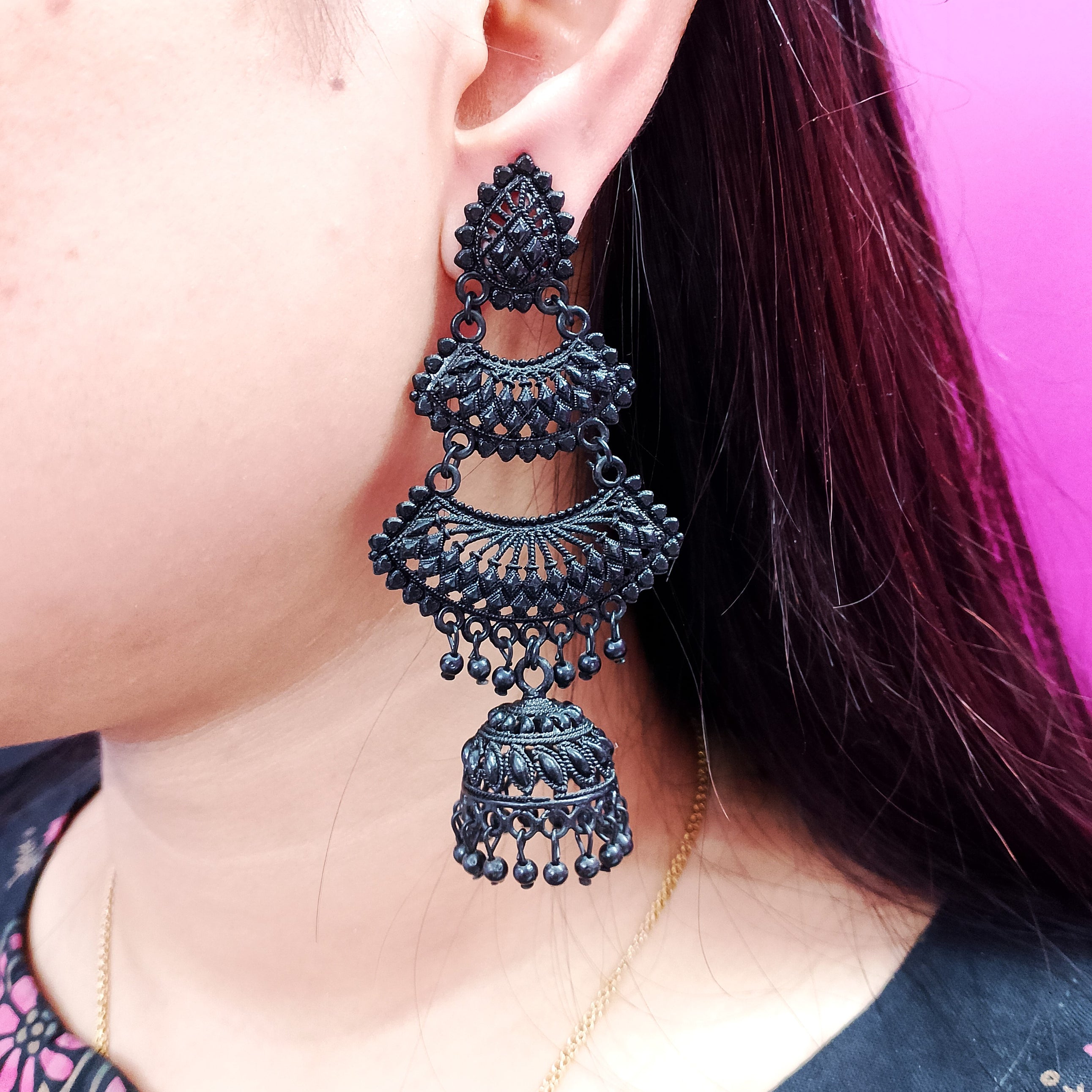 Black Chand Bali Earrings – Traditional Jhumka for Women