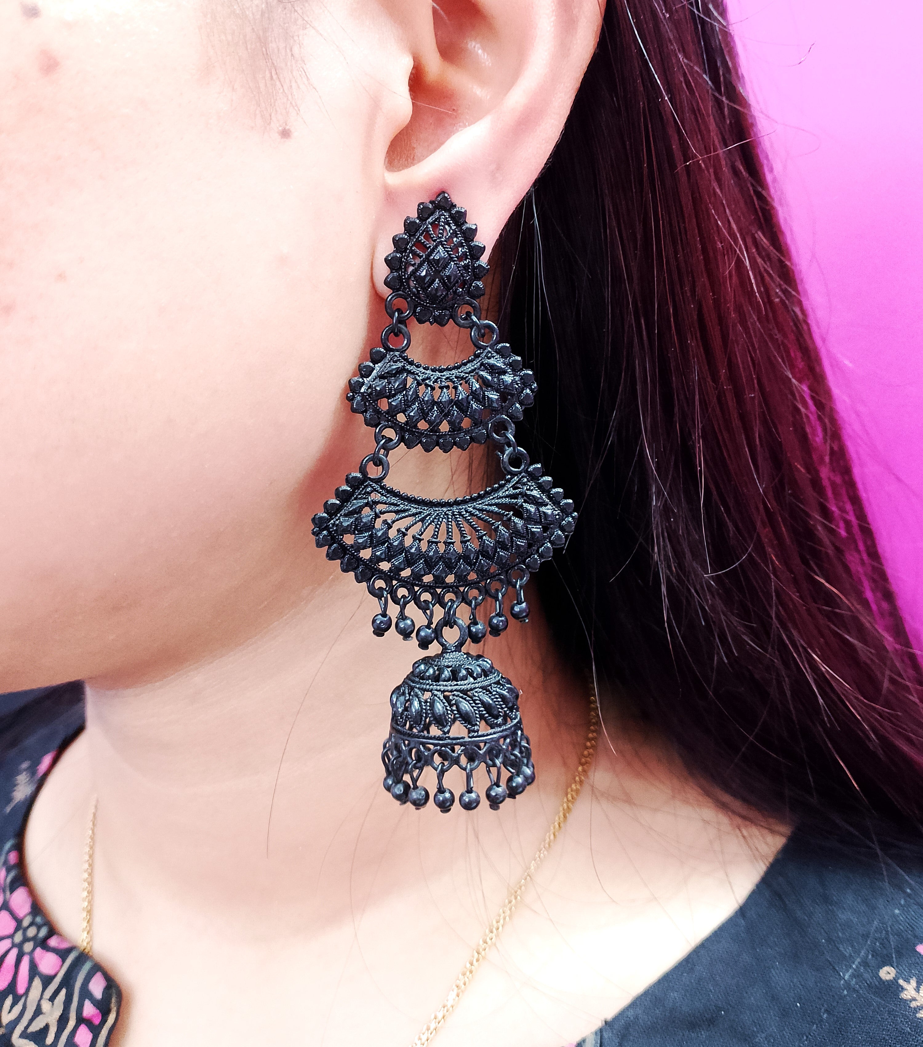 Black Chand Bali Earrings – Traditional Jhumka for Women