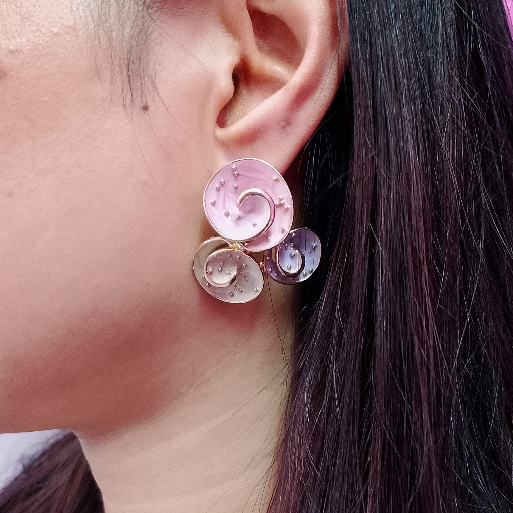 Pastel Swirl Stud Earrings for Women – Pink, Purple & Gold Enamel Earrings