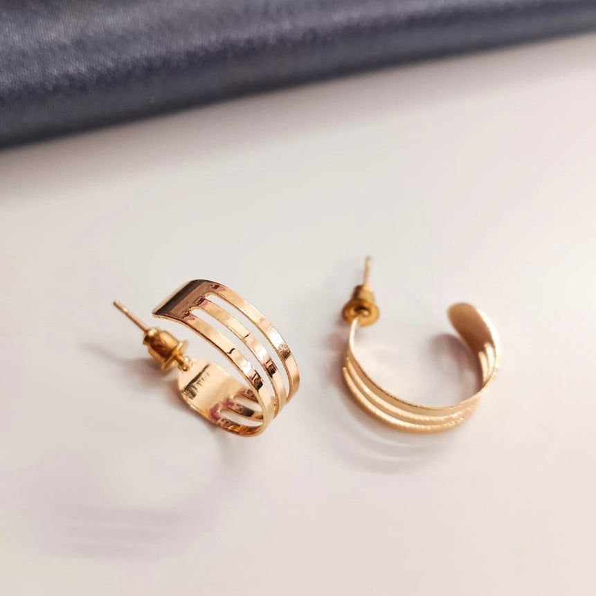 Triple Stripe Gold Hoop Studs – Minimal Daily Earrings for Women