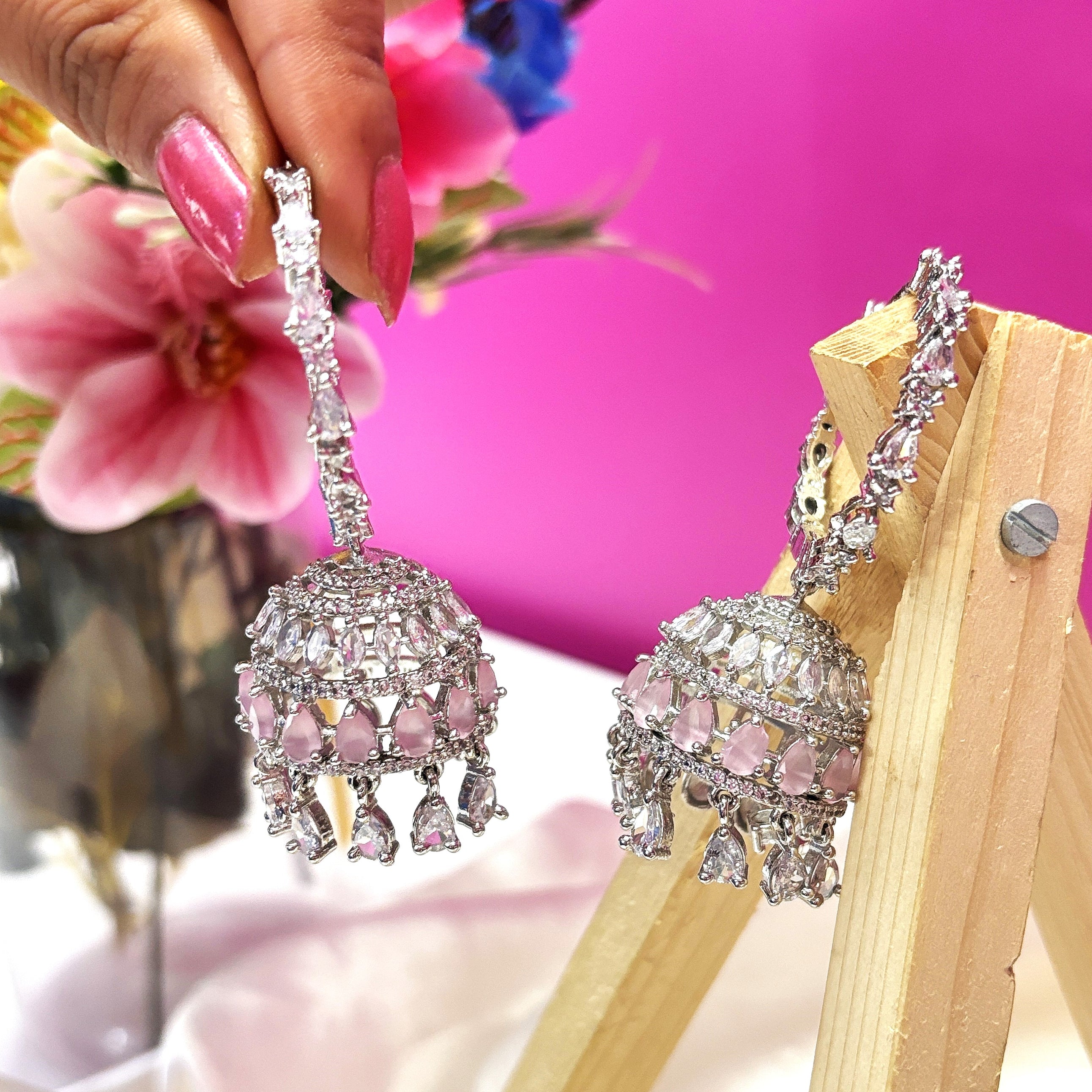 Blush Radiance Silver-Plated PINK Jhumkas