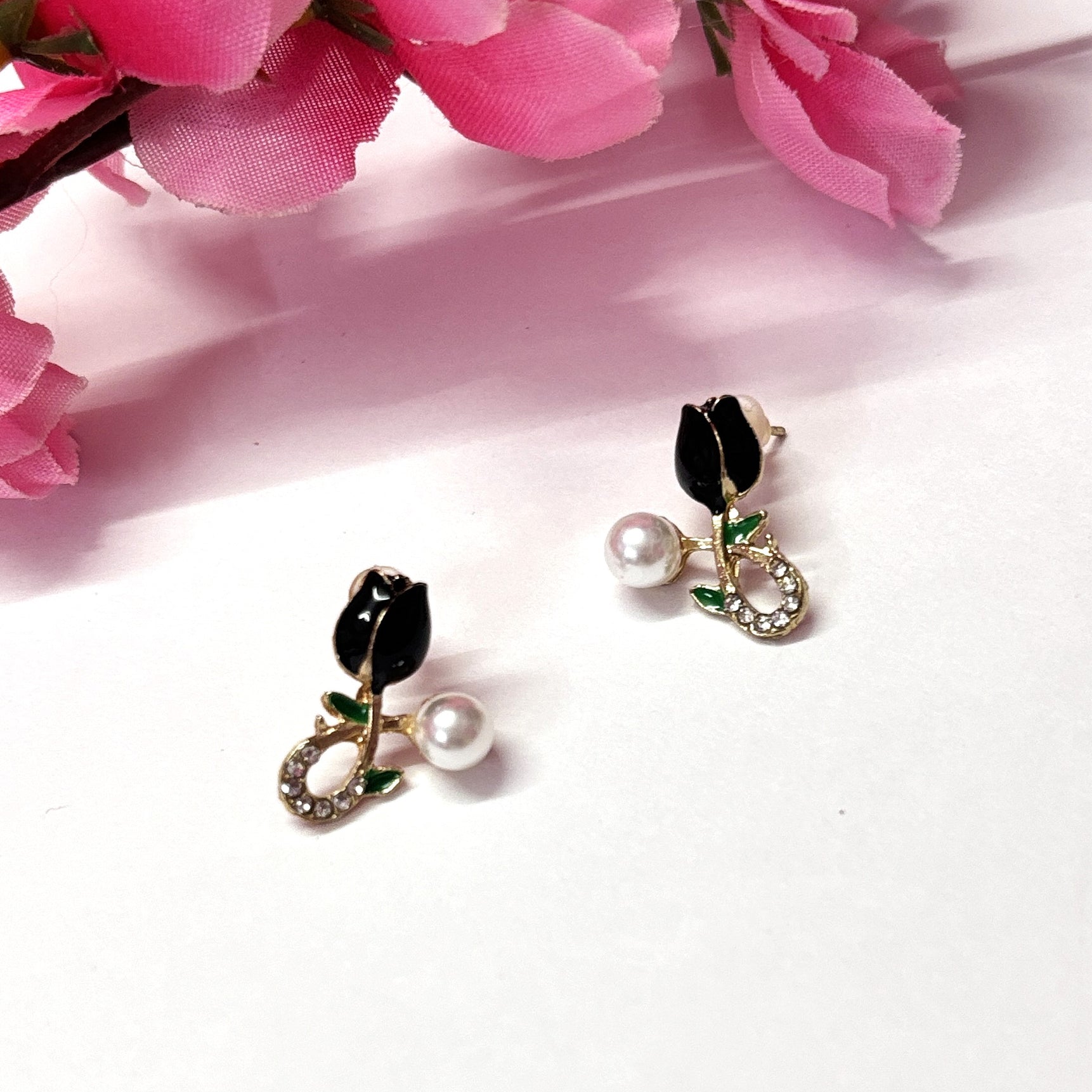 Black Tulip Floral Earrings with Pearl Drop – Elegant Studs