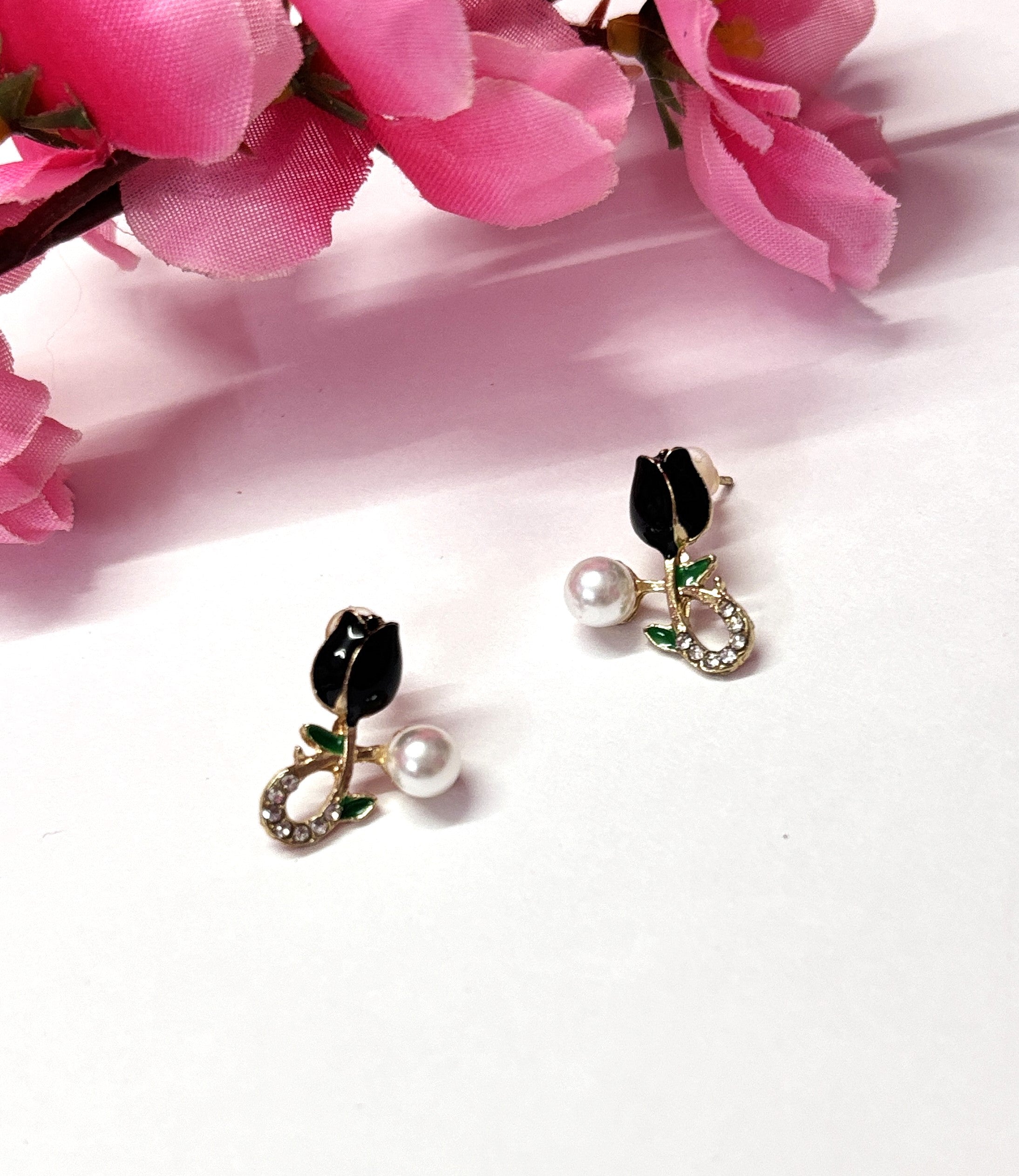 Black Tulip Floral Earrings with Pearl Drop – Elegant Studs