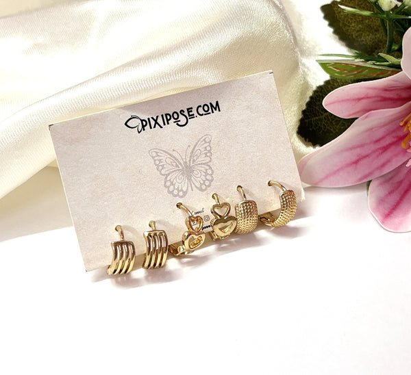 Gold Hoop & Heart Stud Earrings Set – 5 Pairs for Women