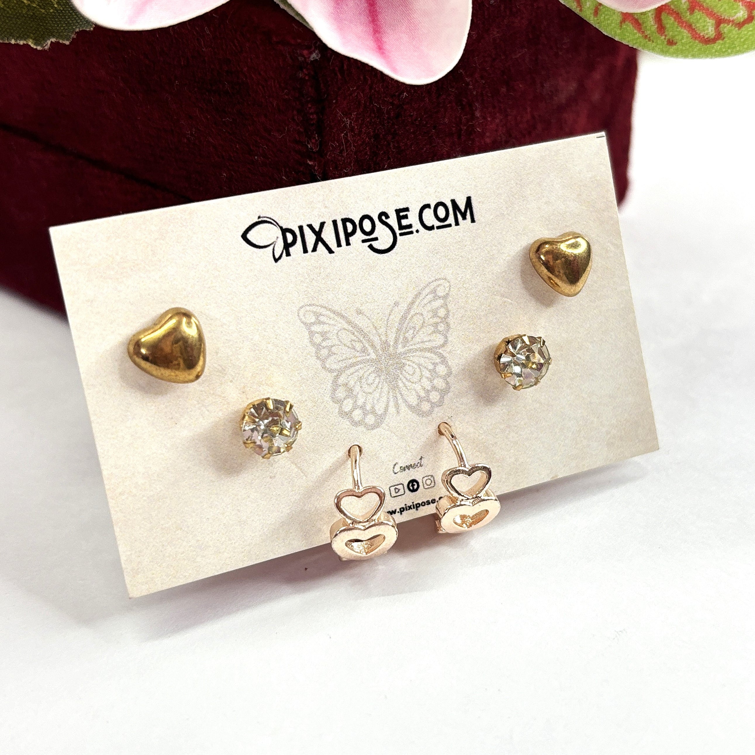 Heart & Stone Stud Earrings Set – 3 Pairs Cute Daily Earrings