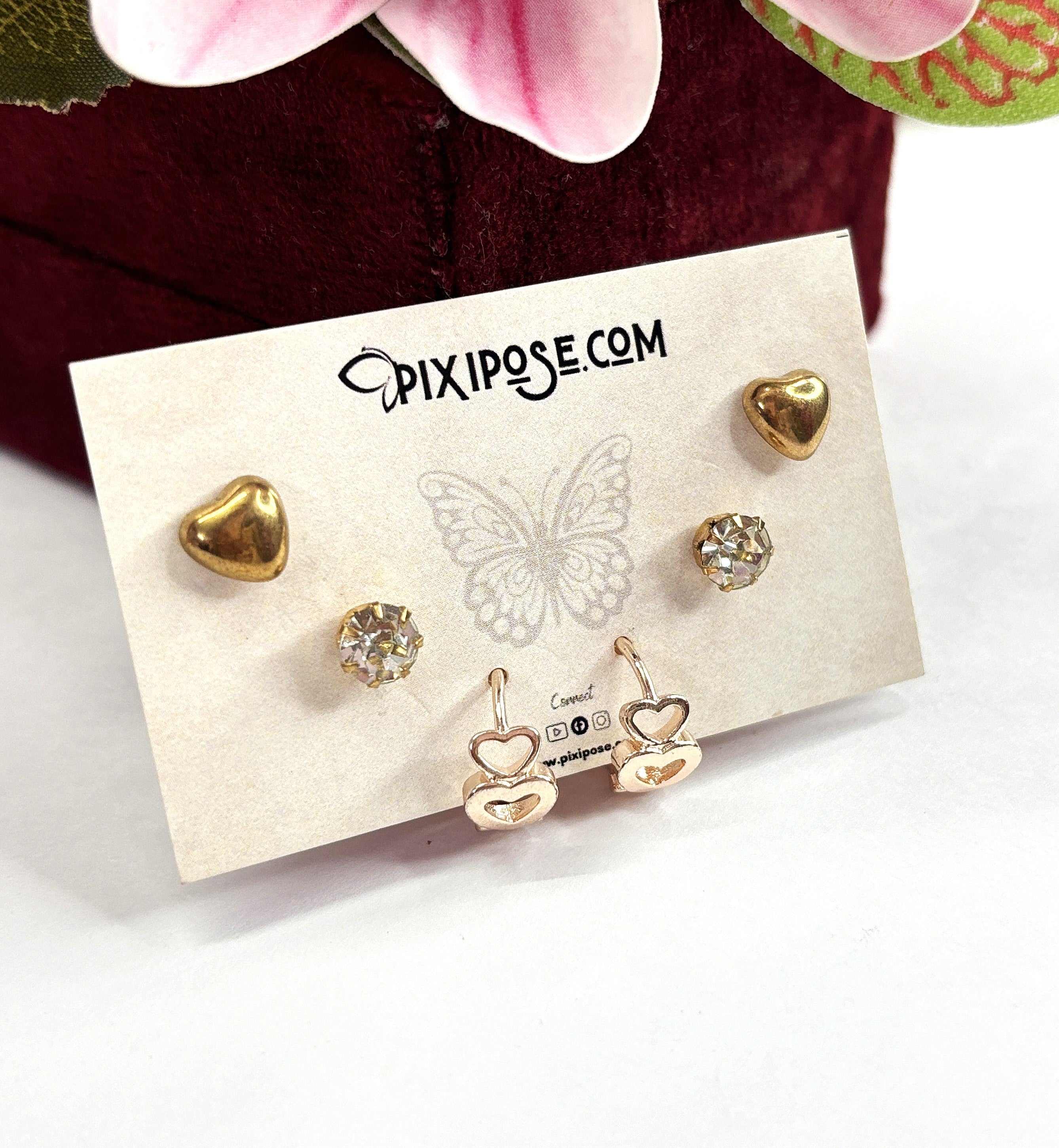 Heart & Stone Stud Earrings Set – 3 Pairs Cute Daily Earrings