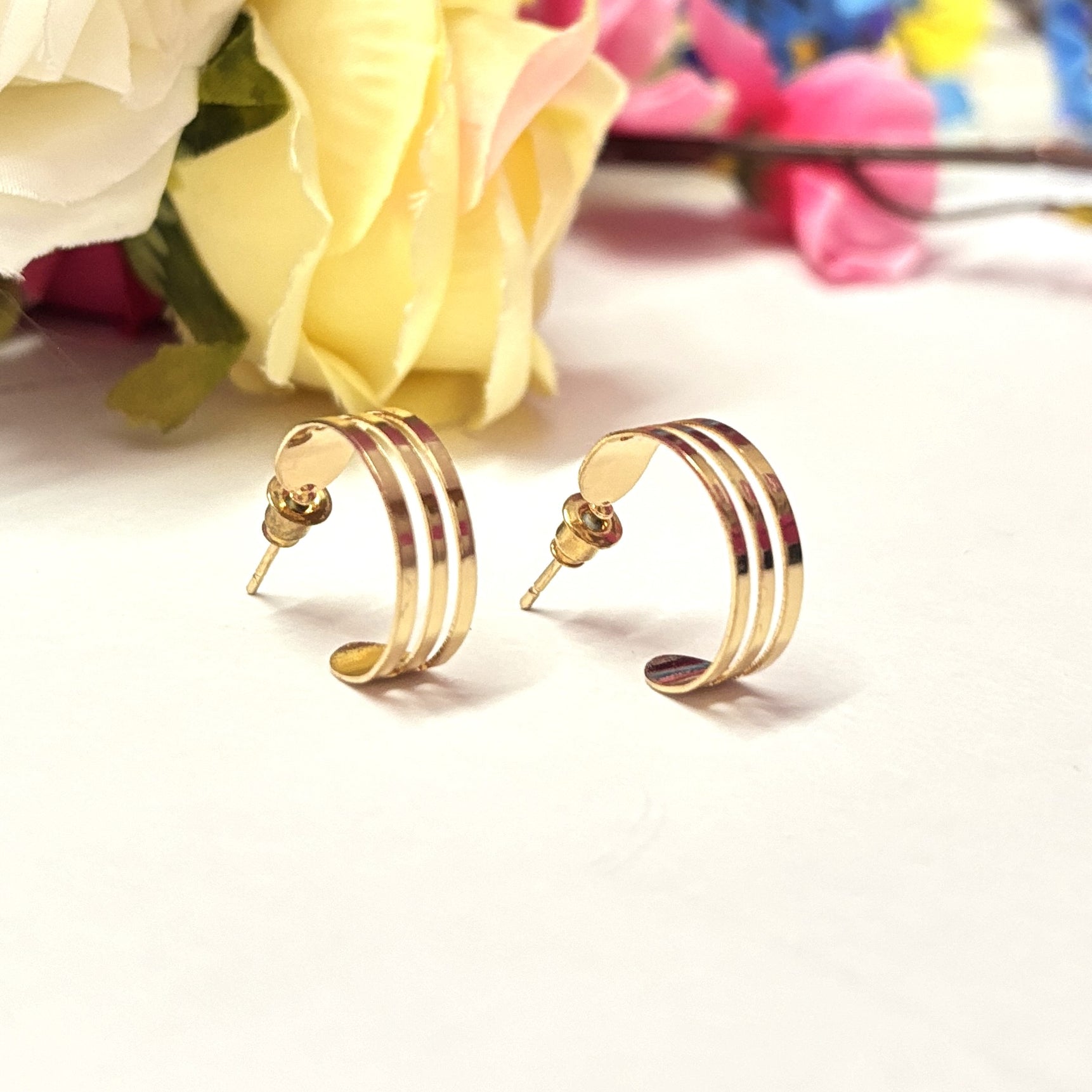 Triple Stripe Gold Hoop Studs – Minimal Daily Earrings for Women