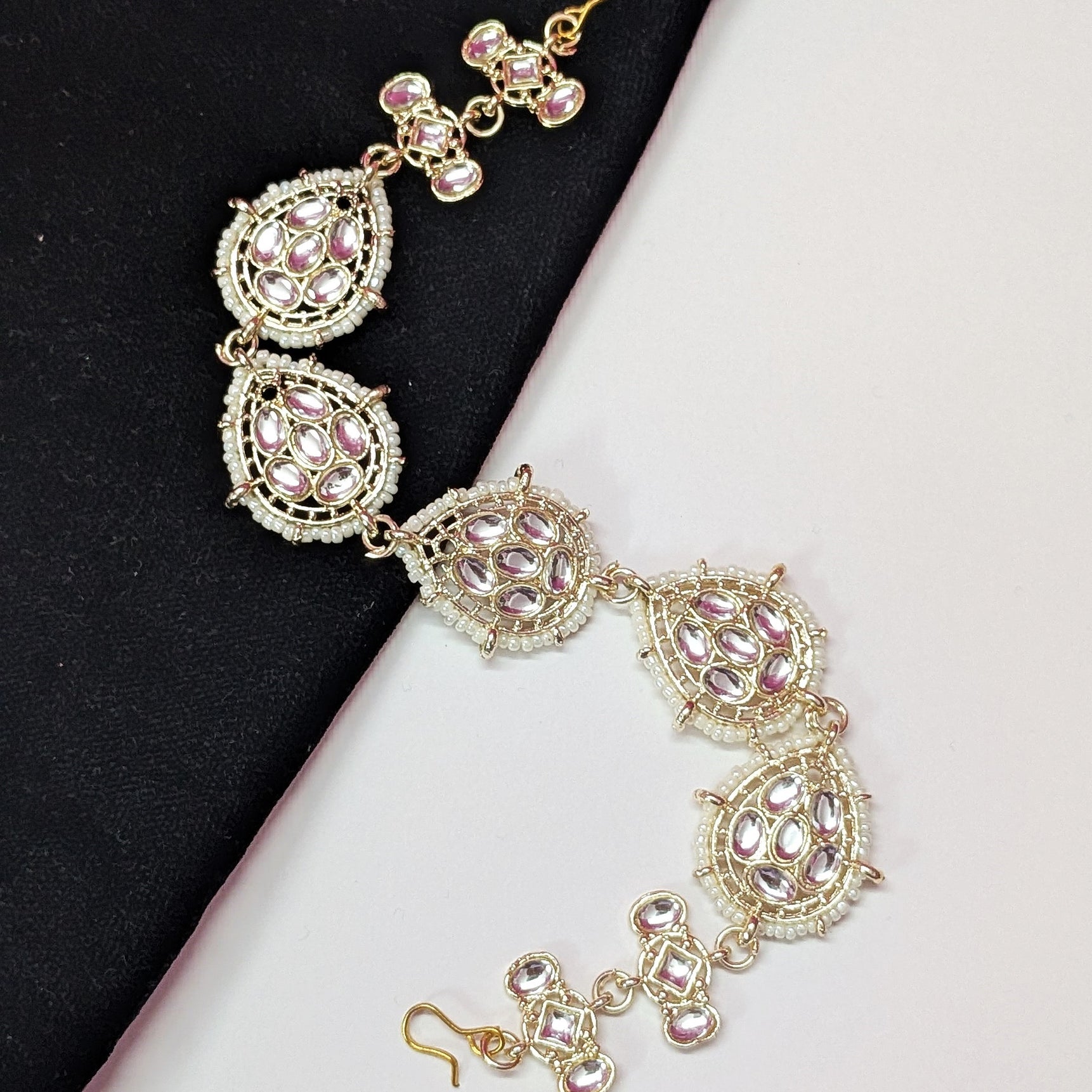 White Pearl & Stone Mattha Patti – Ethnic Bridal Hair Accessory for Women