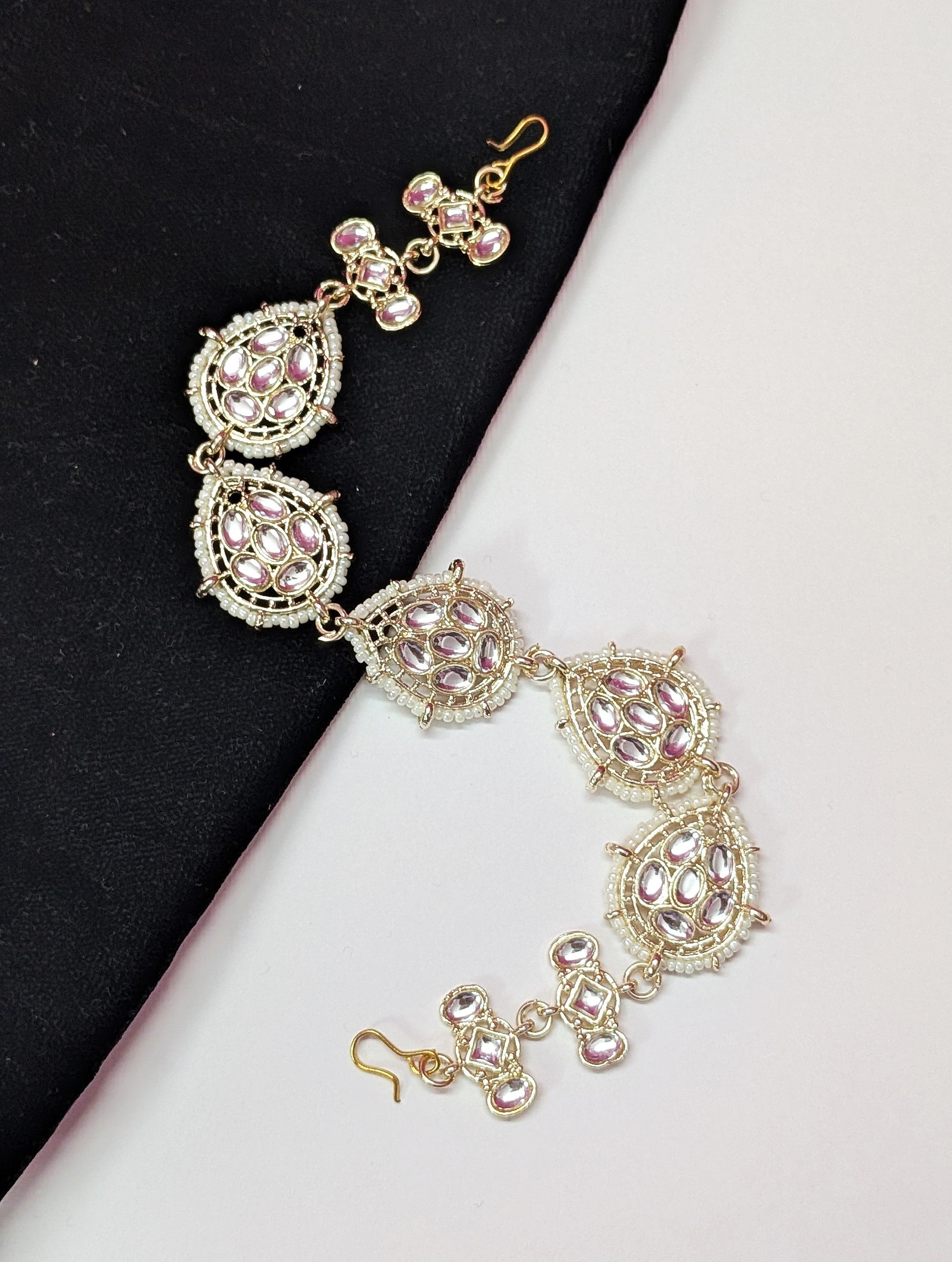 White Pearl & Stone Mattha Patti – Ethnic Bridal Hair Accessory for Women