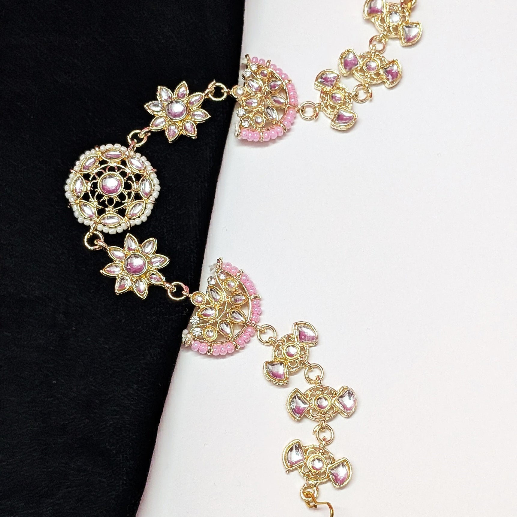Golden Kundan Matha Patti with Pink Beads – Bridal Hair Jewelry for Women