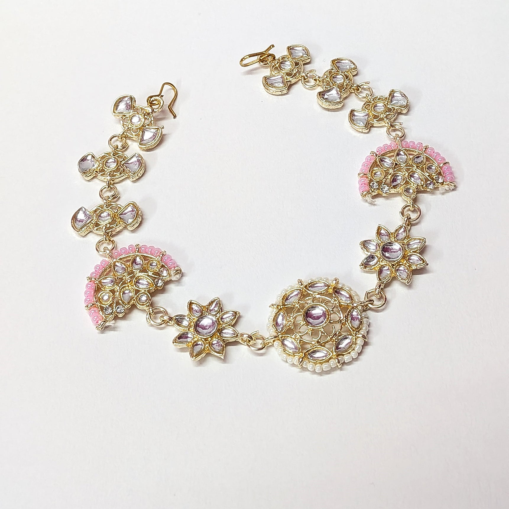 Golden Kundan Matha Patti with Pink Beads – Bridal Hair Jewelry for Women