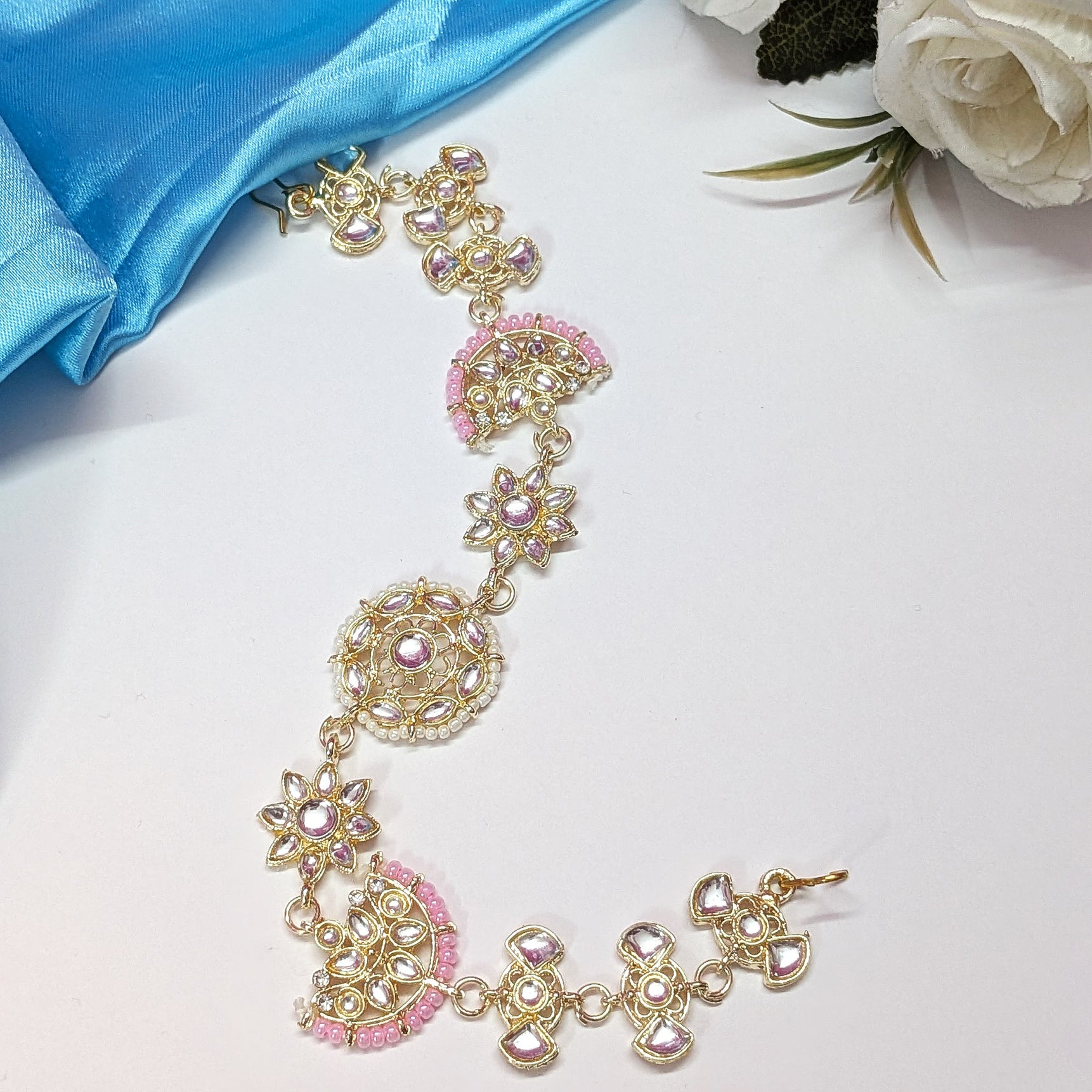 Golden Kundan Matha Patti with Pink Beads – Bridal Hair Jewelry for Women