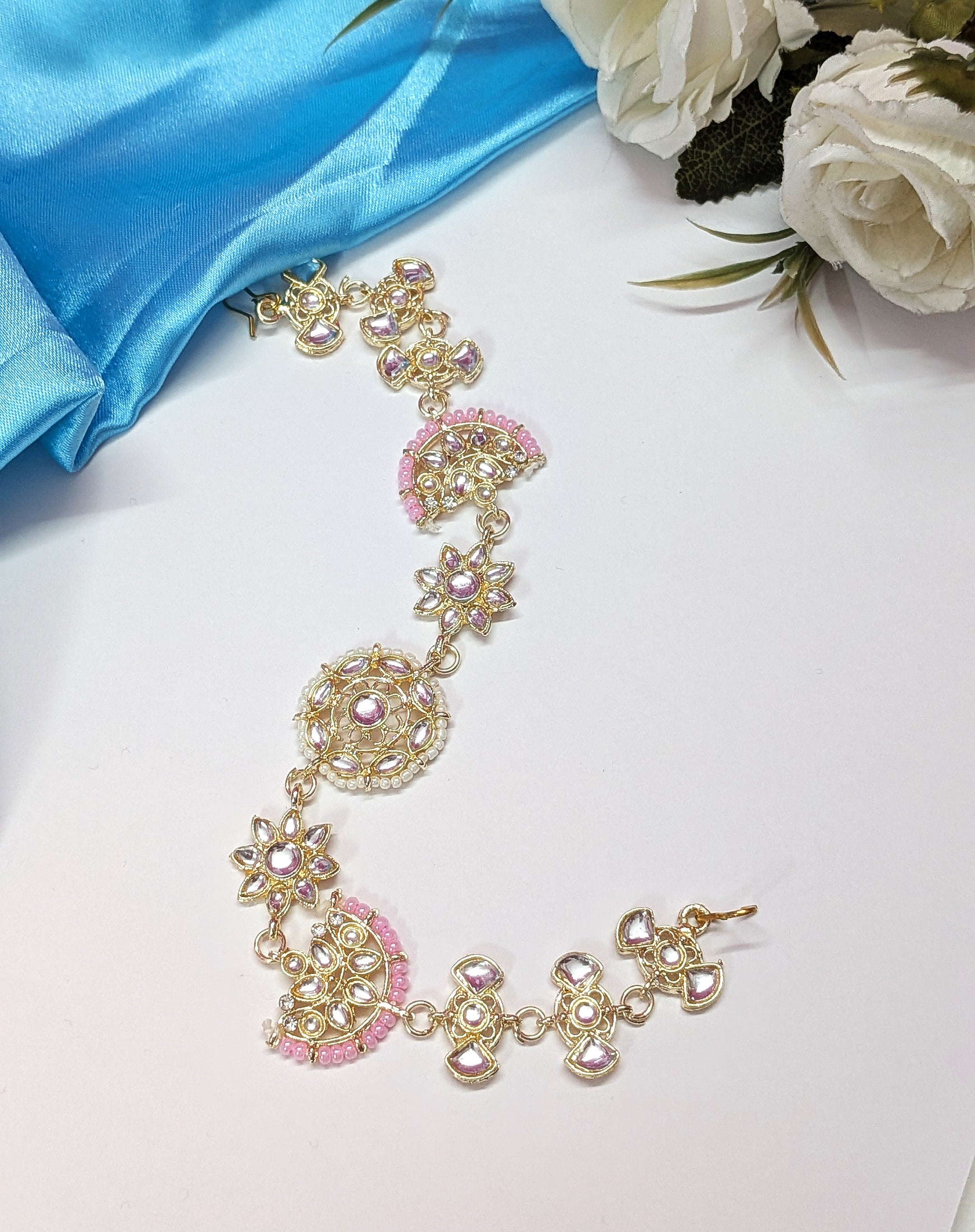 Golden Kundan Matha Patti with Pink Beads – Bridal Hair Jewelry for Women