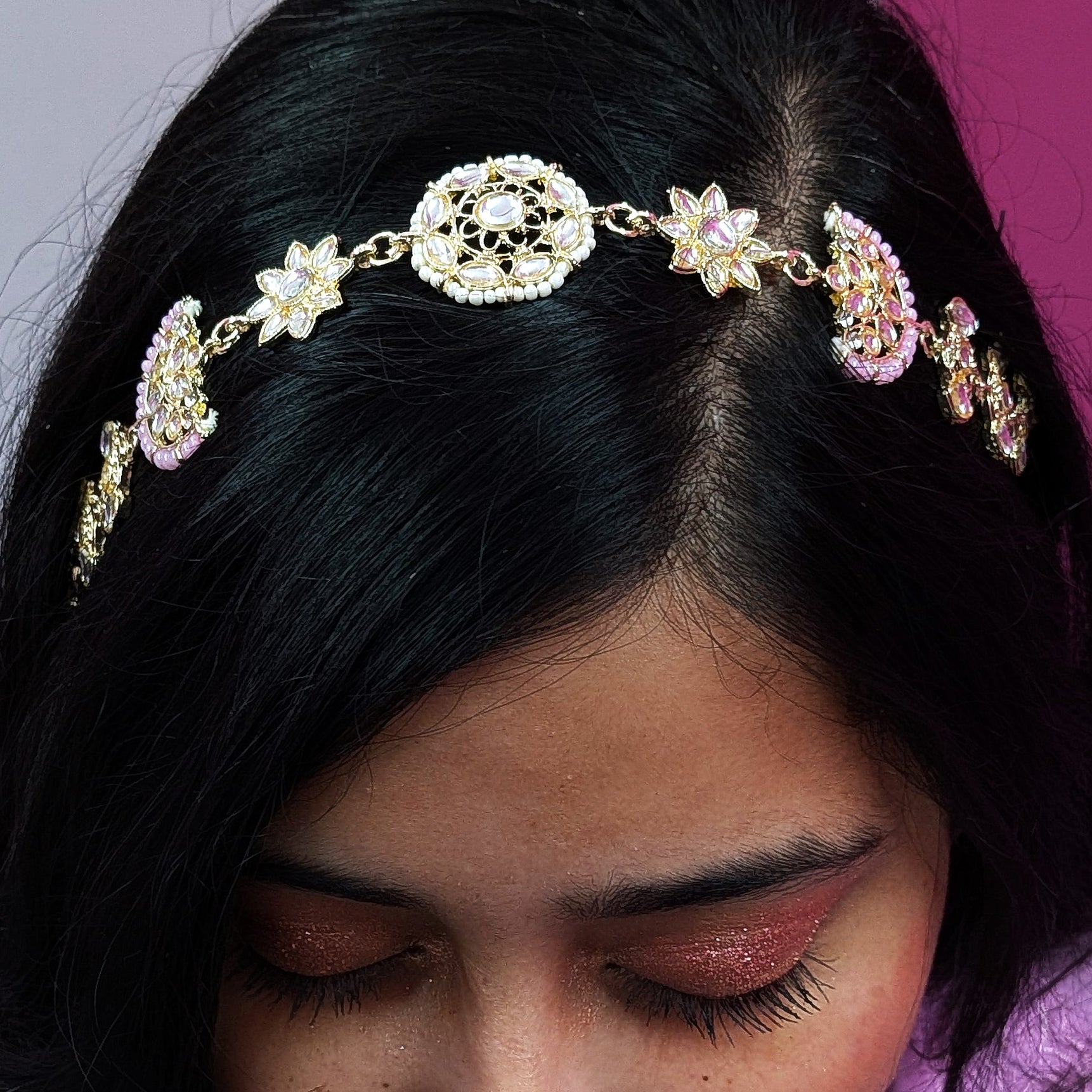 Golden Kundan Matha Patti with Pink Beads – Bridal Hair Jewelry for Women