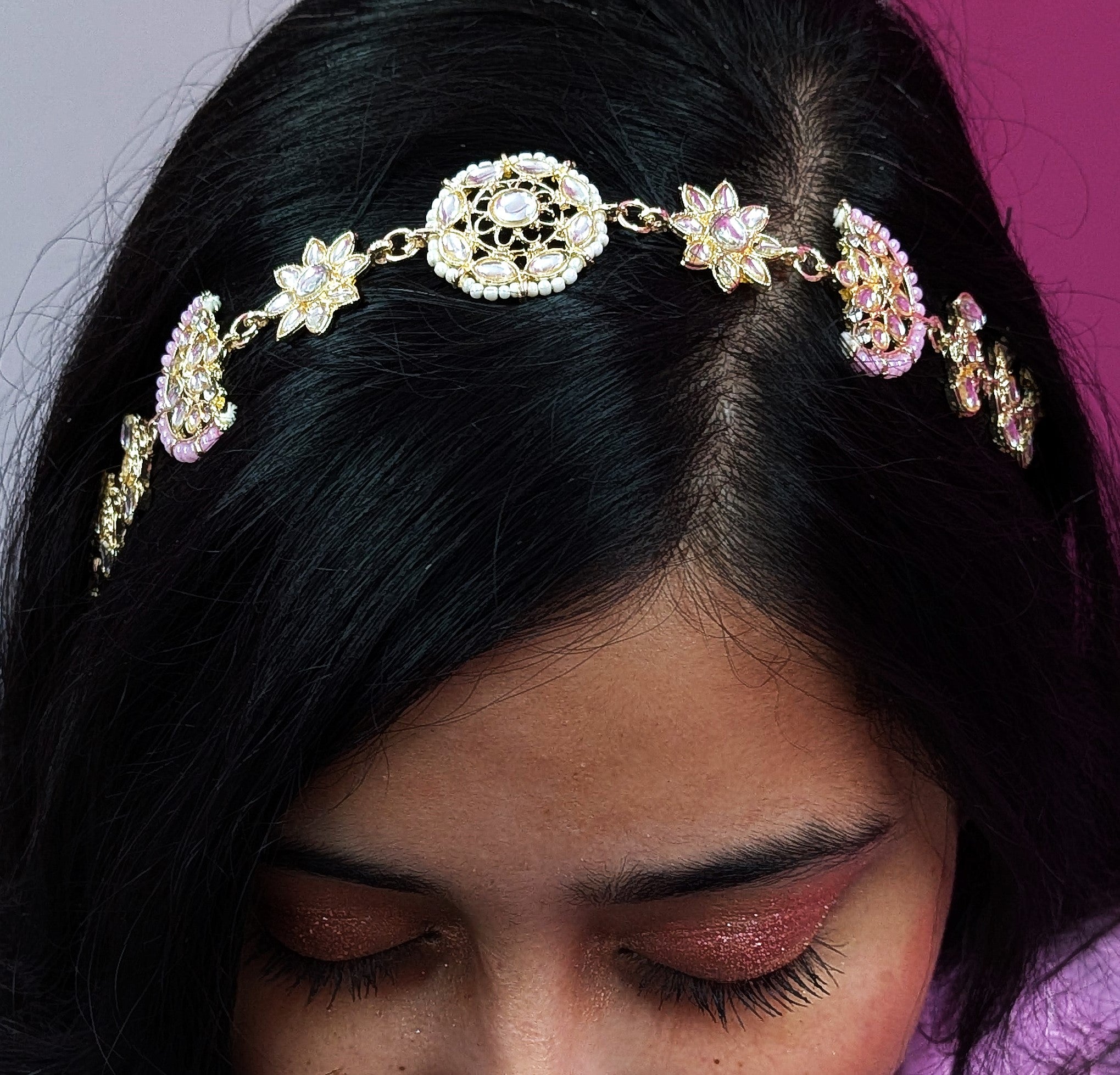 Golden Kundan Matha Patti with Pink Beads – Bridal Hair Jewelry for Women