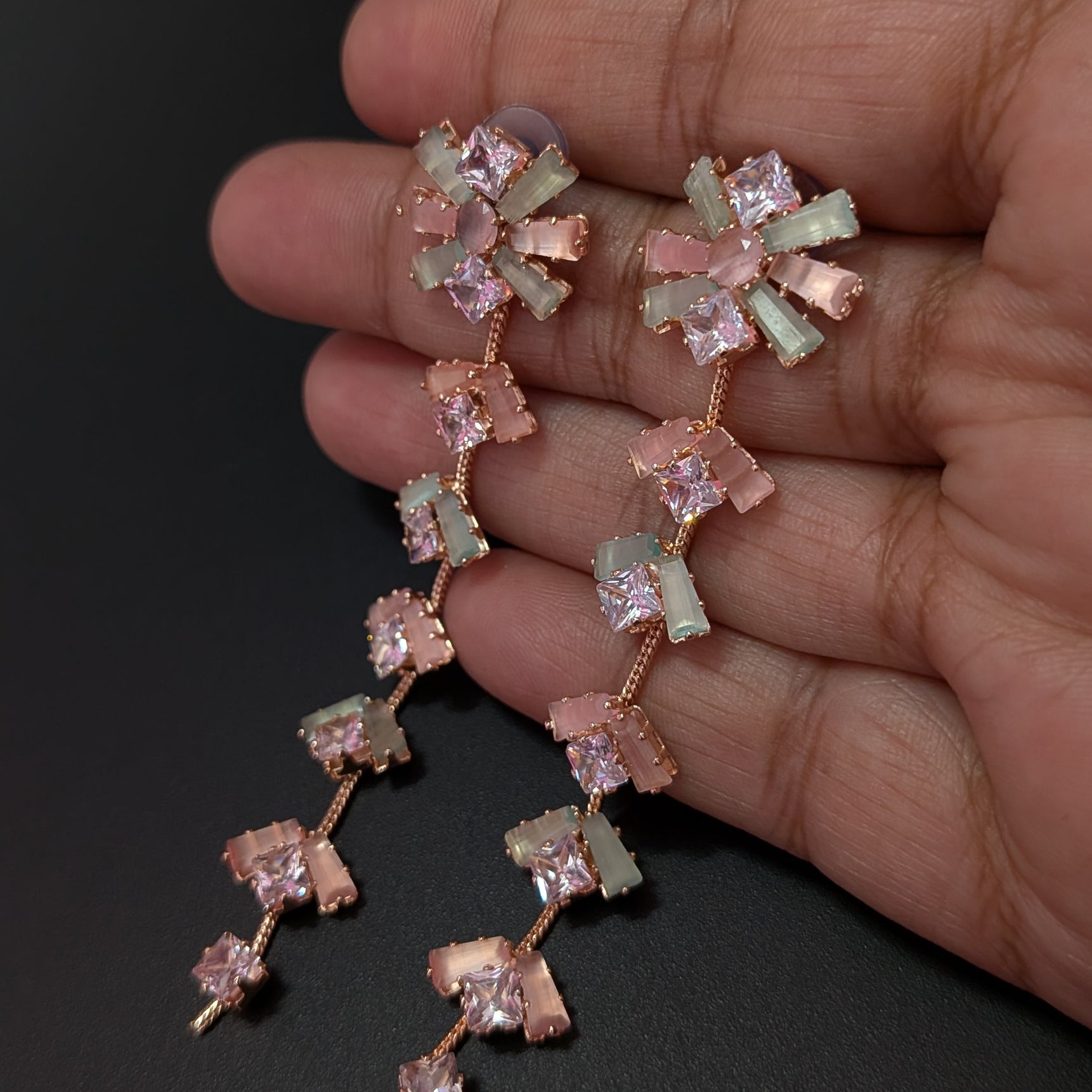 Dreamy Pastel Bloom Long Earrings – Rose Gold Finish