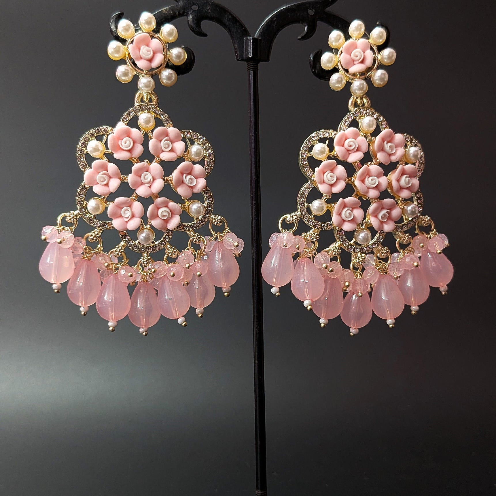Blush Bloom Jhumka – PINK Floral Elegance with Pearly Grace