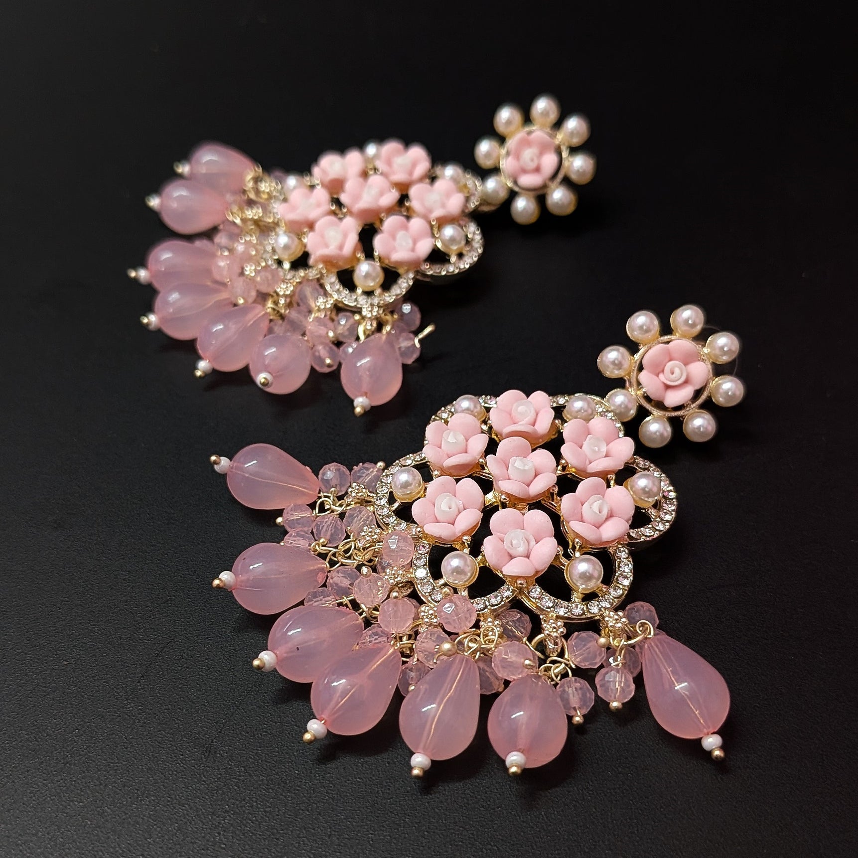 Blush Bloom Jhumka – PINK Floral Elegance with Pearly Grace