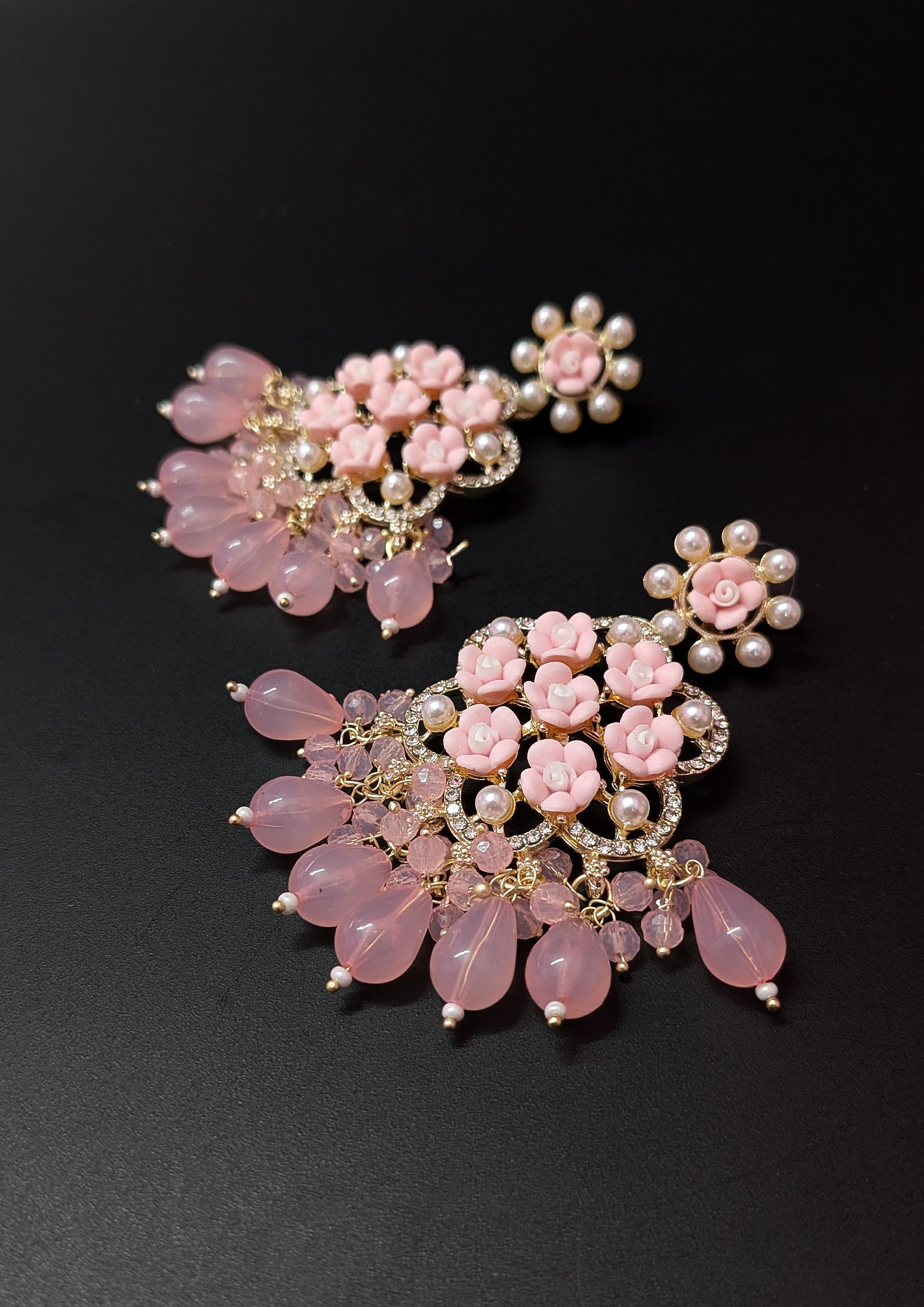 Blush Bloom Jhumka – PINK Floral Elegance with Pearly Grace