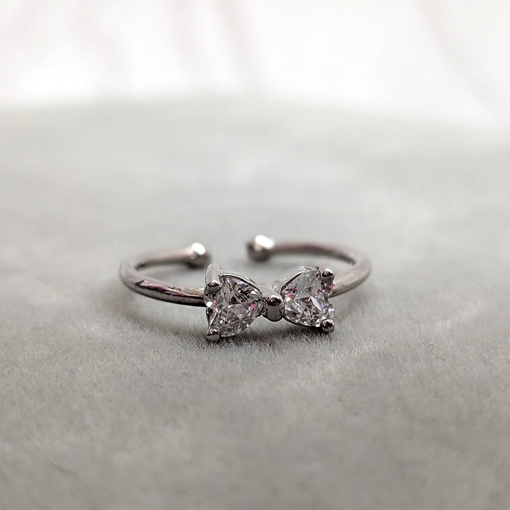 Radiant Crystal Bow Silver Adjustable Ring with Dainty