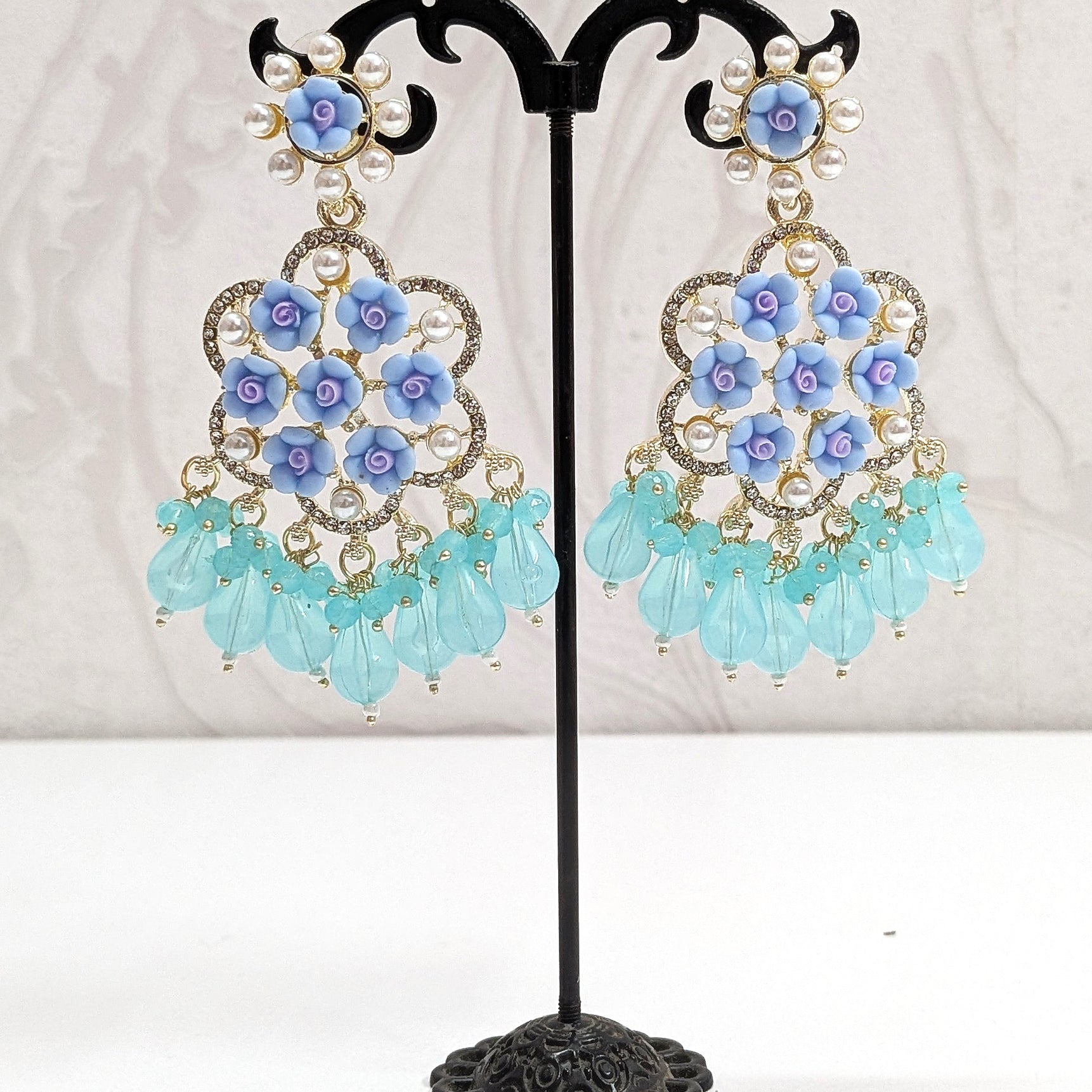 Floral Sea blue Long Dangler Designer Earrings