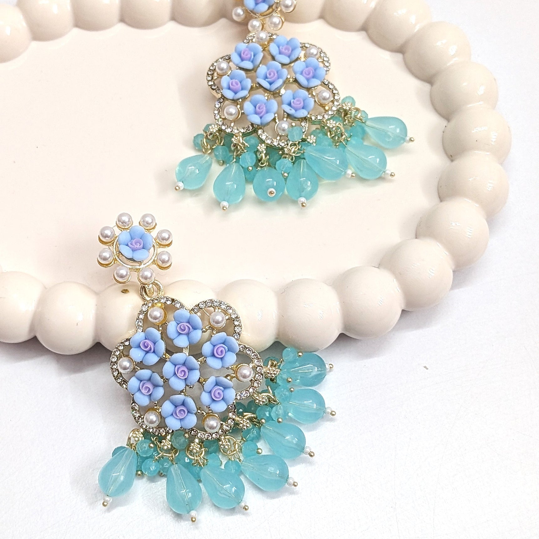 Floral Sea blue Long Dangler Designer Earrings