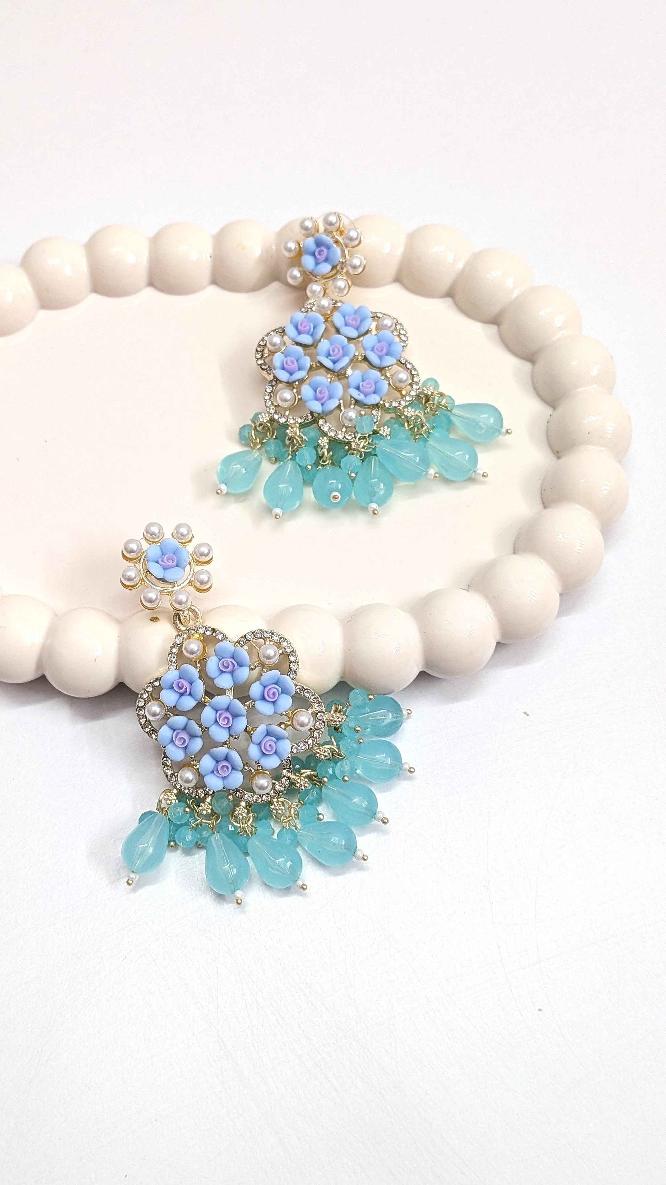 Floral Sea blue Long Dangler Designer Earrings