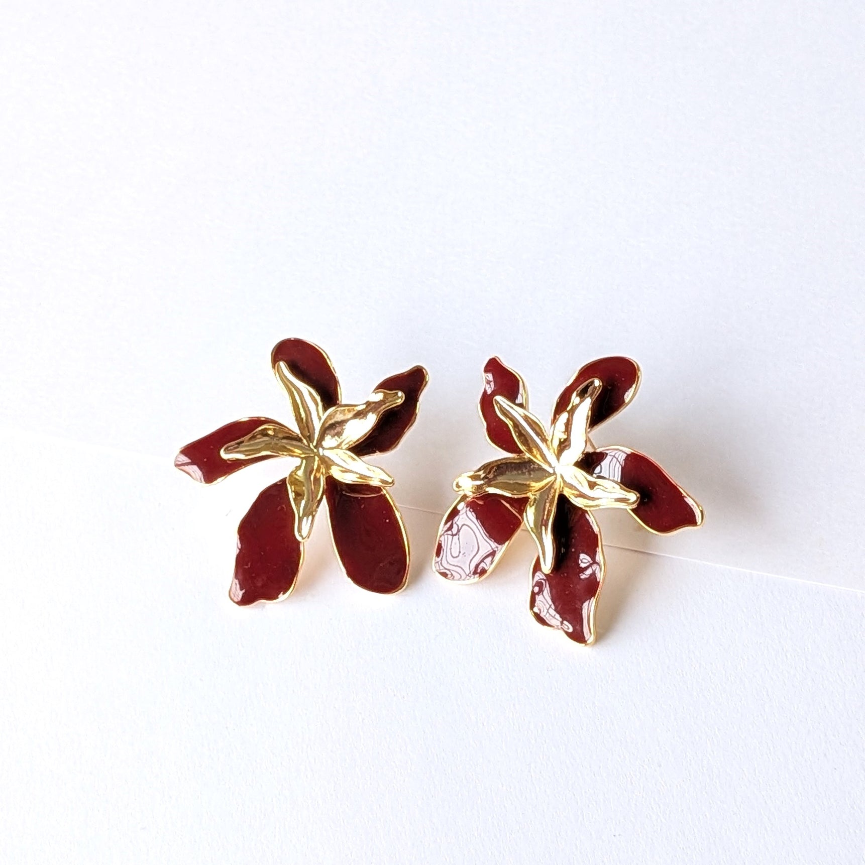 Maroon Orchid Enamel Flower Earrings – Bold Floral Studs for Women