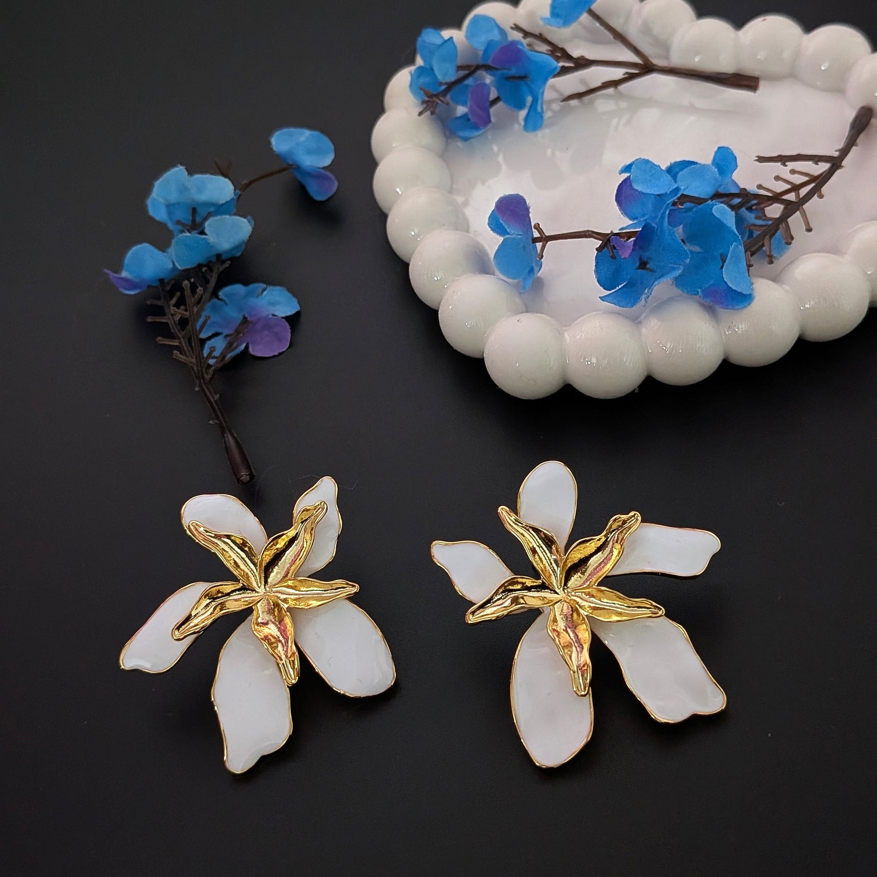 White Orchid Enamel Flower Earrings – Elegant Floral Studs
