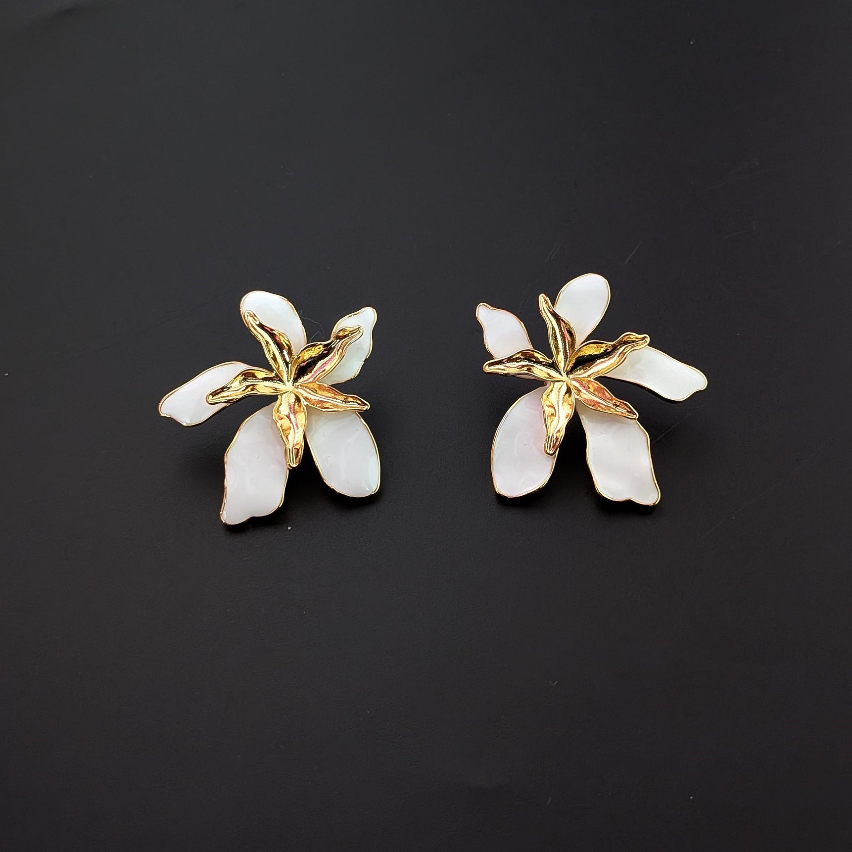 White Orchid Enamel Flower Earrings – Elegant Floral Studs