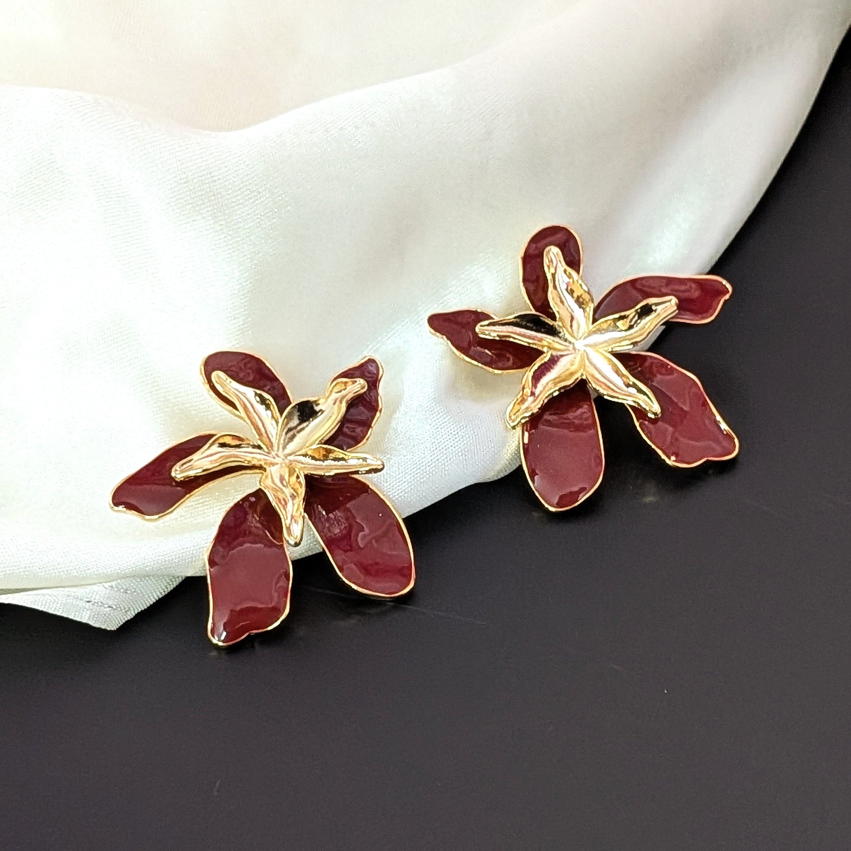 Maroon Orchid Enamel Flower Earrings – Bold Floral Studs for Women