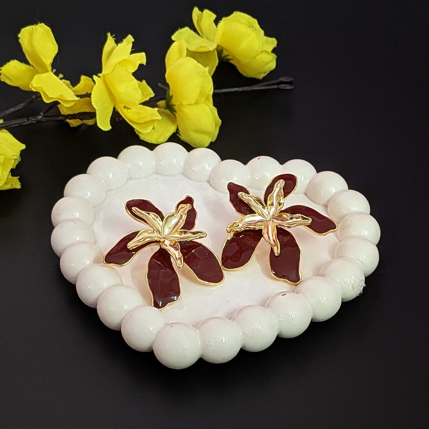 Maroon Orchid Enamel Flower Earrings – Bold Floral Studs for Women