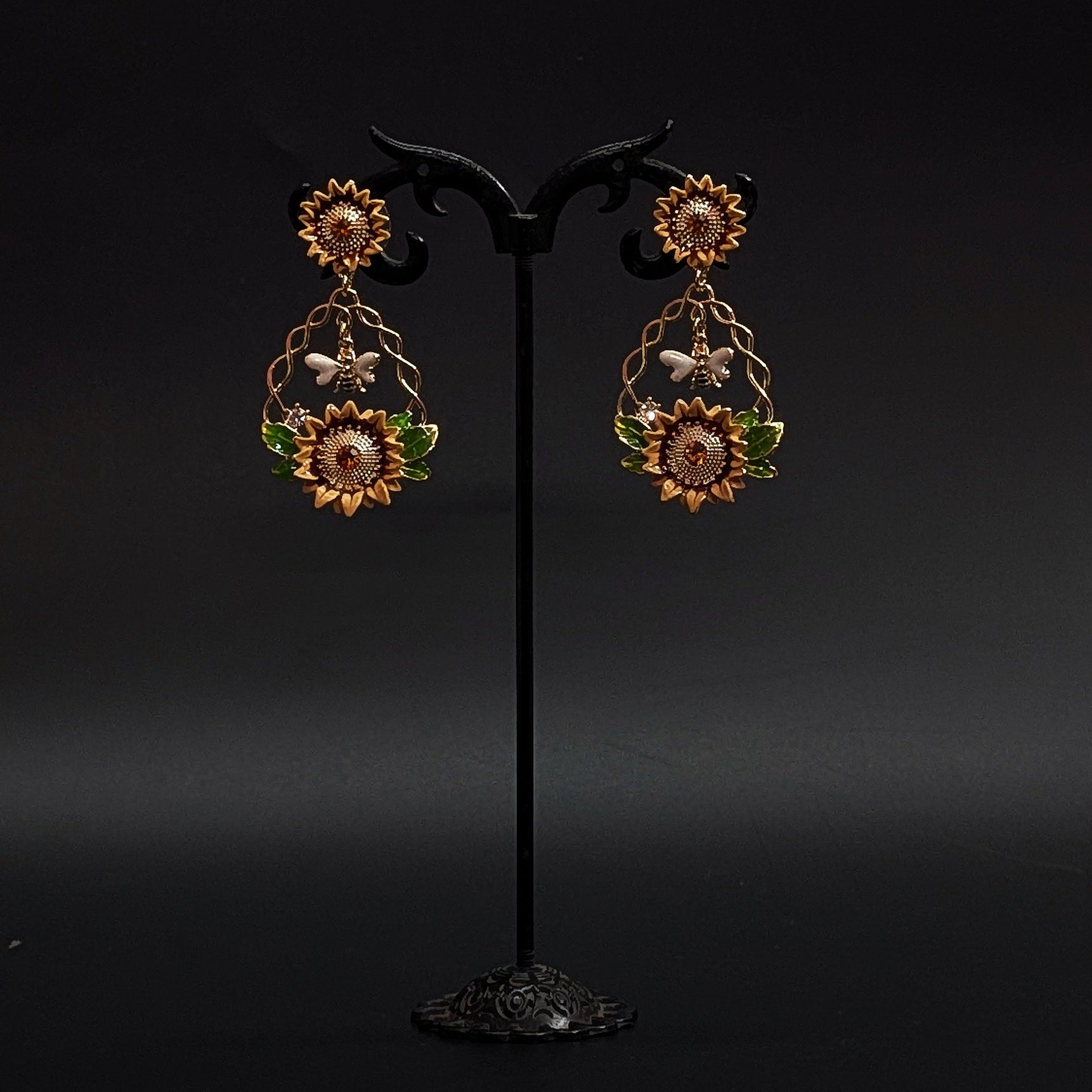 Sunflower Drop Earrings with Bee & Green Leaf