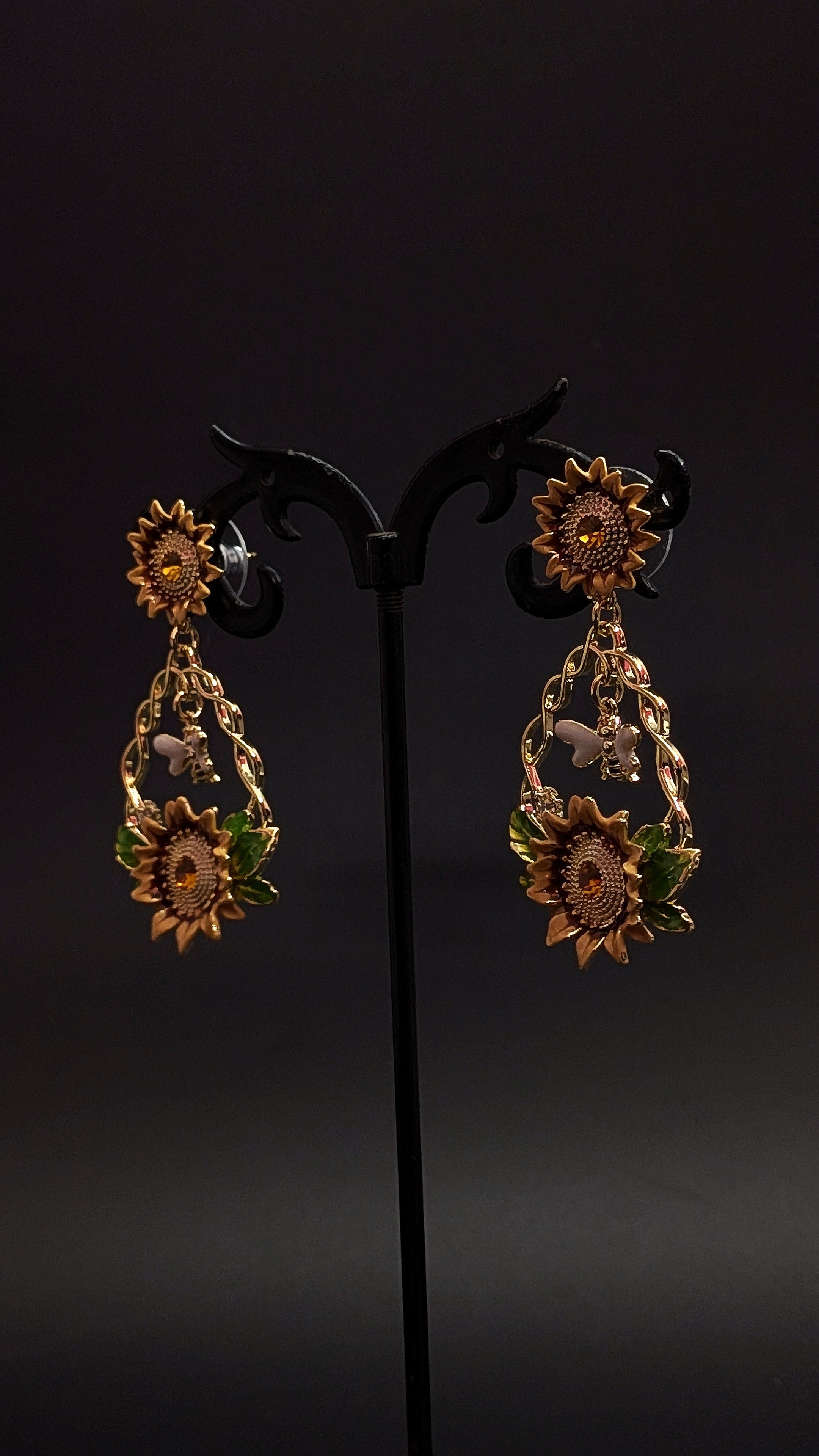 Sunflower Drop Earrings with Bee & Green Leaf