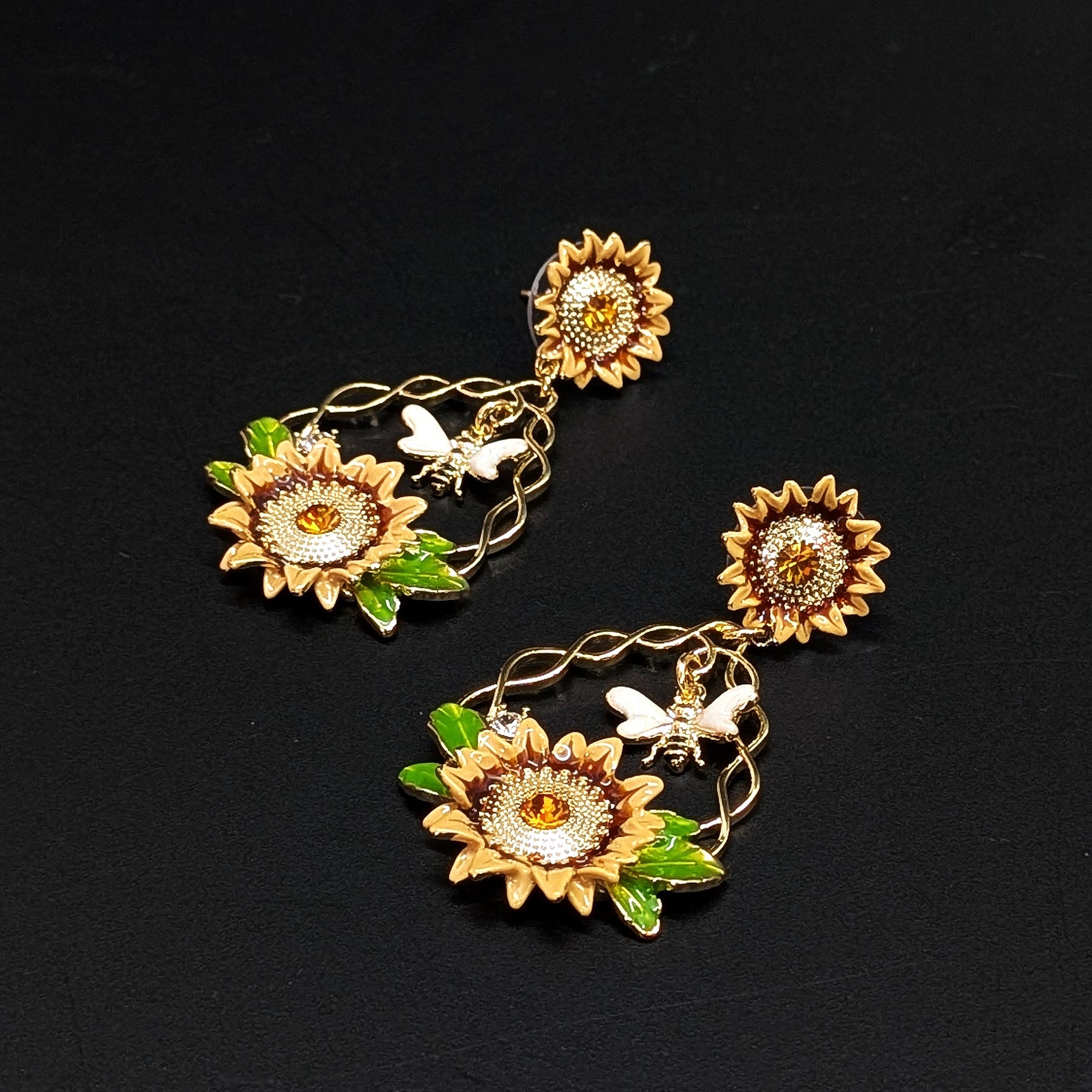 Sunflower Drop Earrings with Bee & Green Leaf