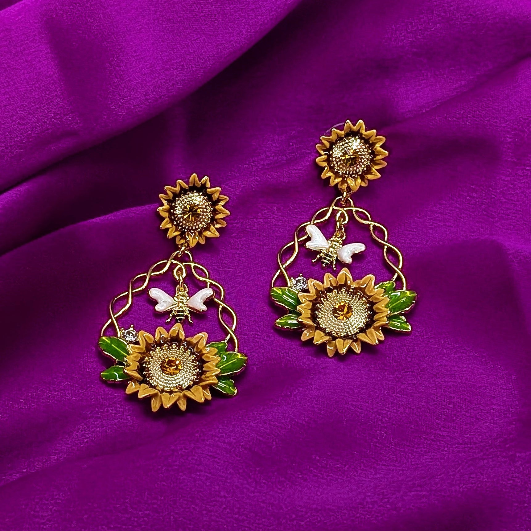 Sunflower Drop Earrings with Bee & Green Leaf