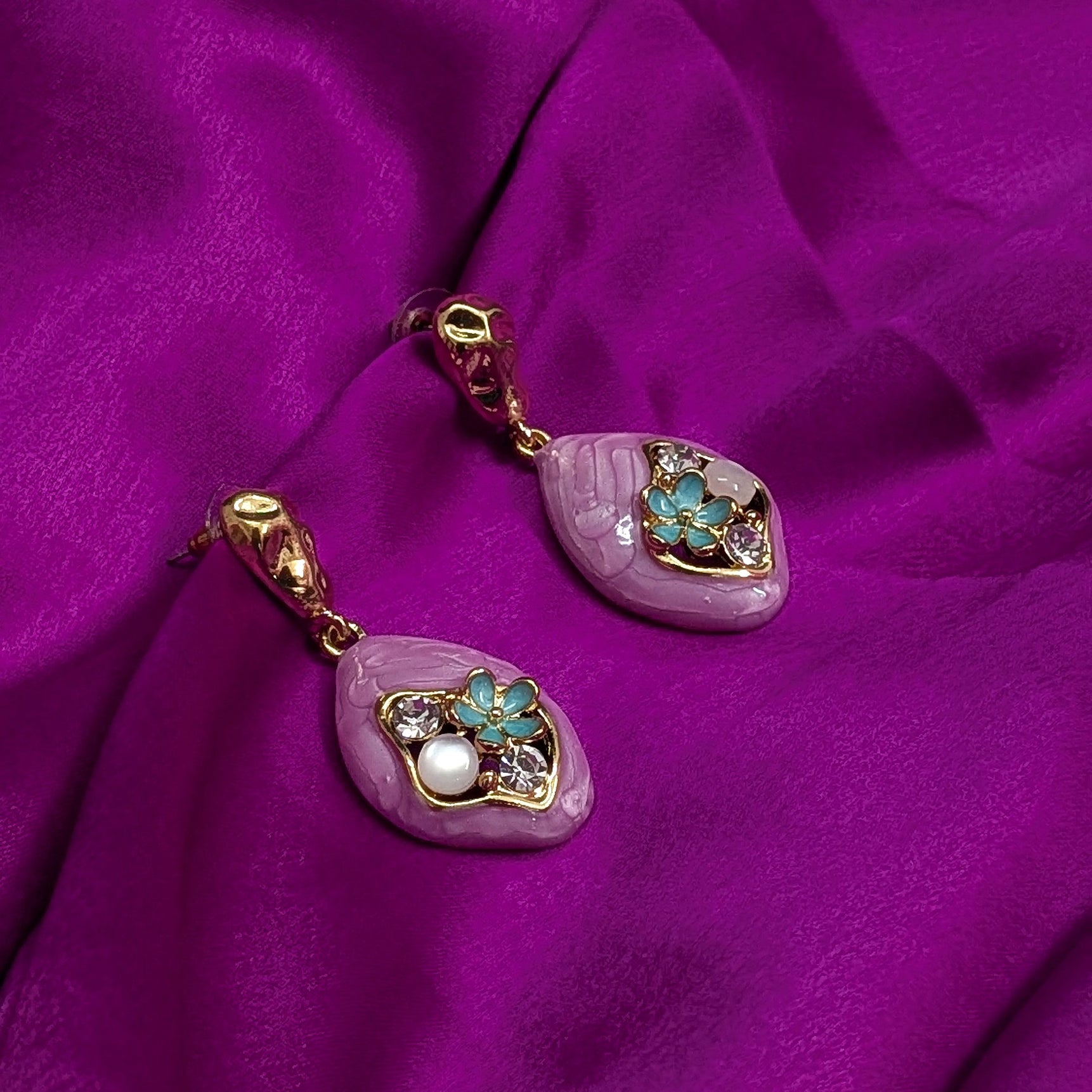 Lavender Textured Drop Earrings with Crystal & Pearl Accents