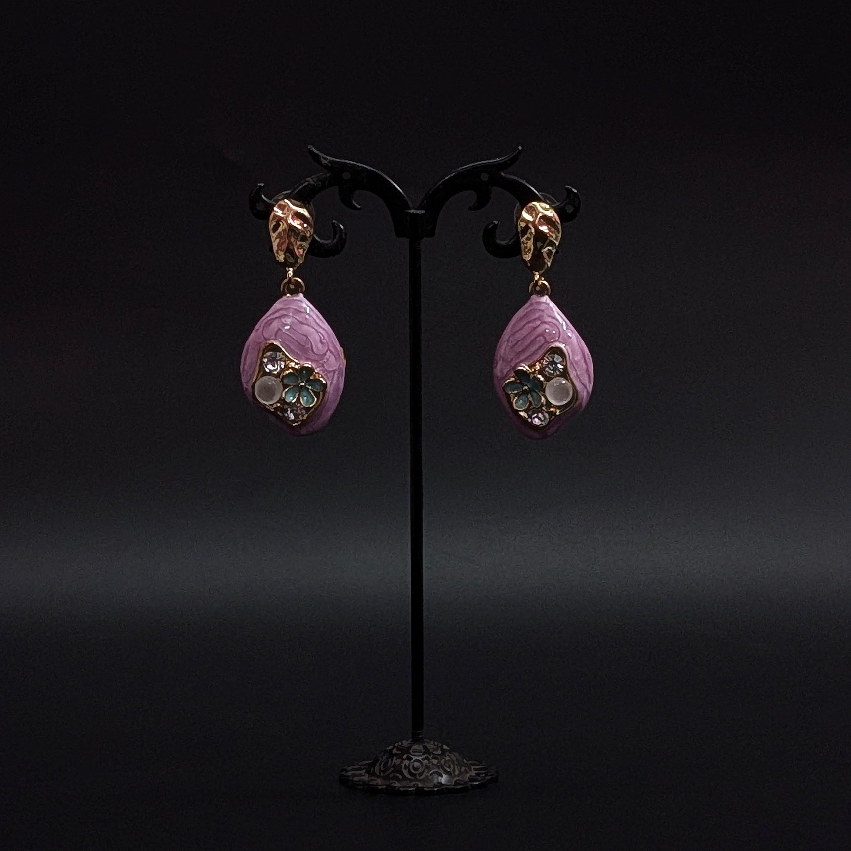 Lavender Textured Drop Earrings with Crystal & Pearl Accents