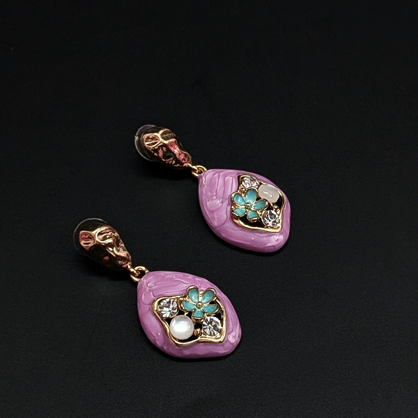 Lavender Textured Drop Earrings with Crystal & Pearl Accents