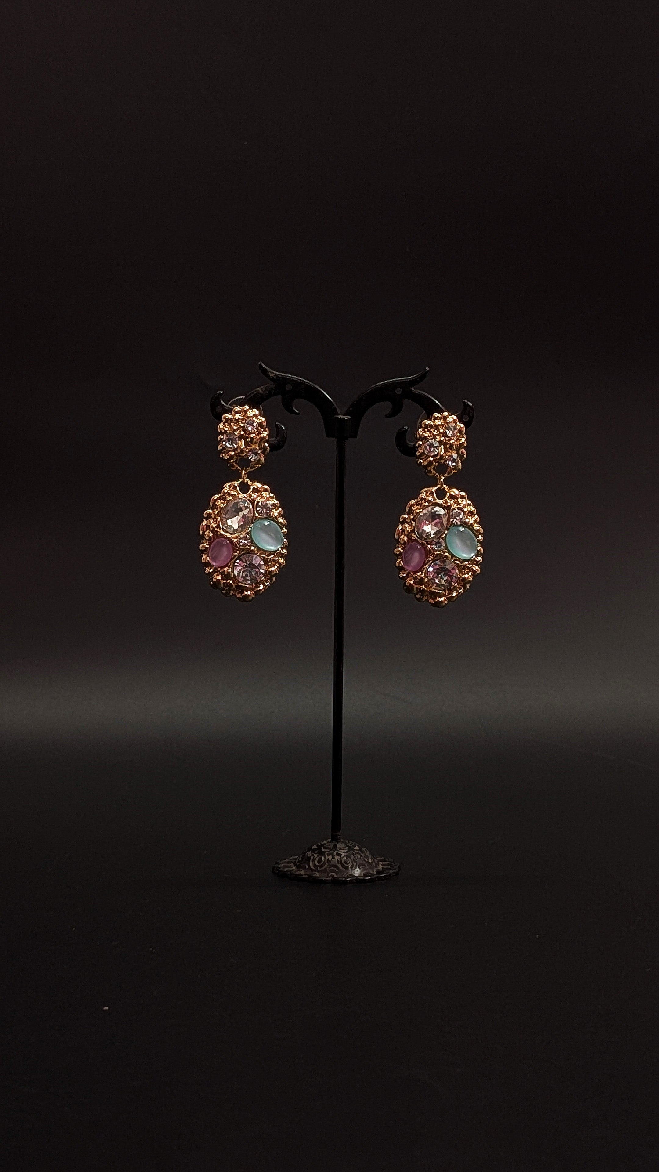 Multicolor Stone-Studded Oval Drop Earrings – Golden Finish