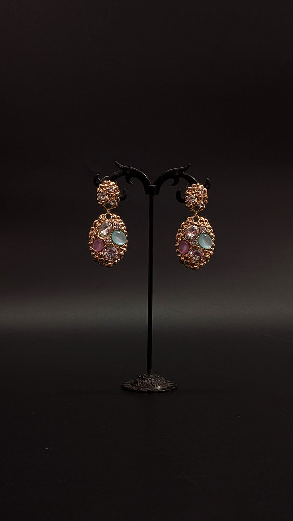 Multicolor Stone-Studded Oval Drop Earrings – Golden Finish