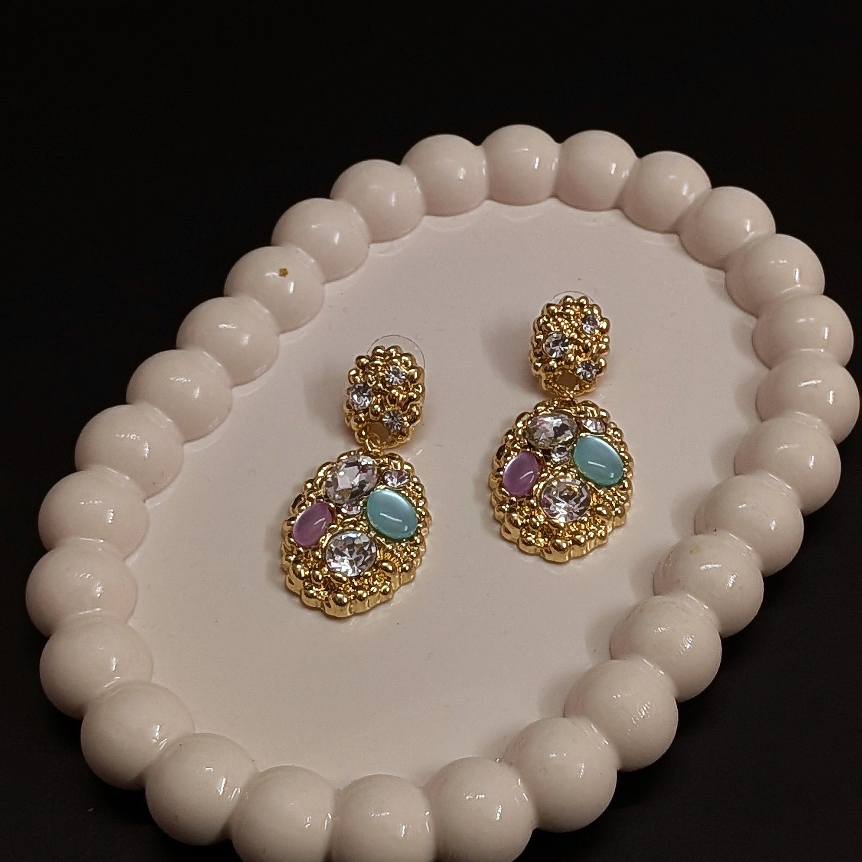 Multicolor Stone-Studded Oval Drop Earrings – Golden Finish